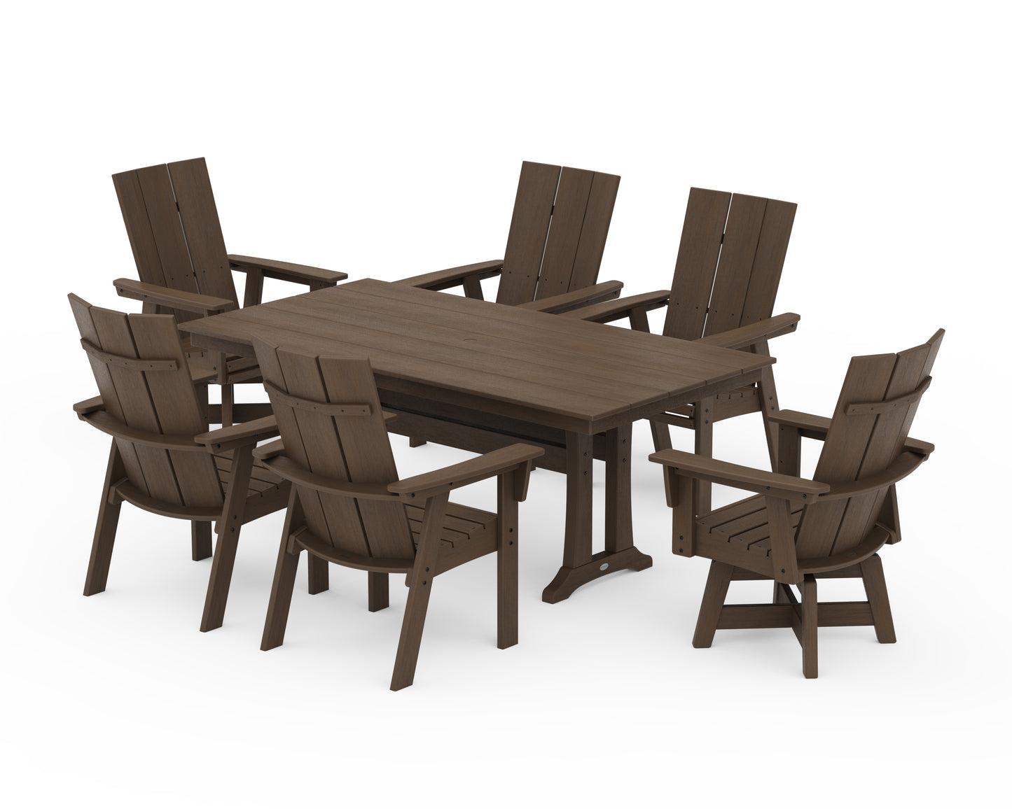 Modern Curveback Adirondack Swivel Chair 7-Piece Farmhouse Dining Set With Trestle Legs