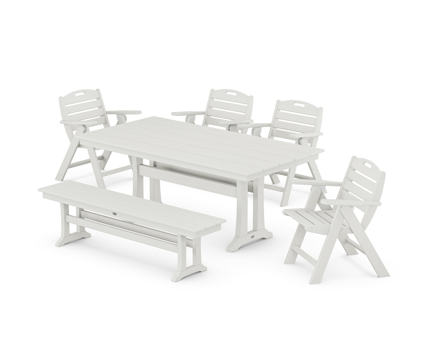 Nautical Lowback 6-Piece Farmhouse Dining Set with Trestle Legs and Bench