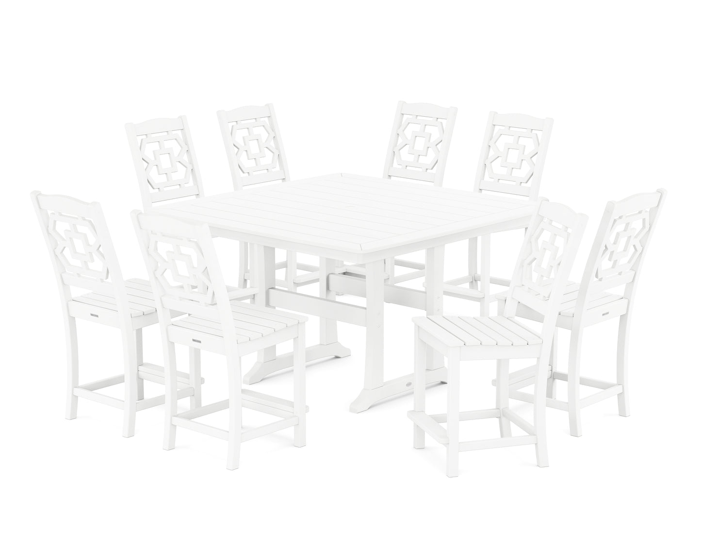 Chinoiserie 9-Piece Square Side Chair Counter Set with Trestle Legs