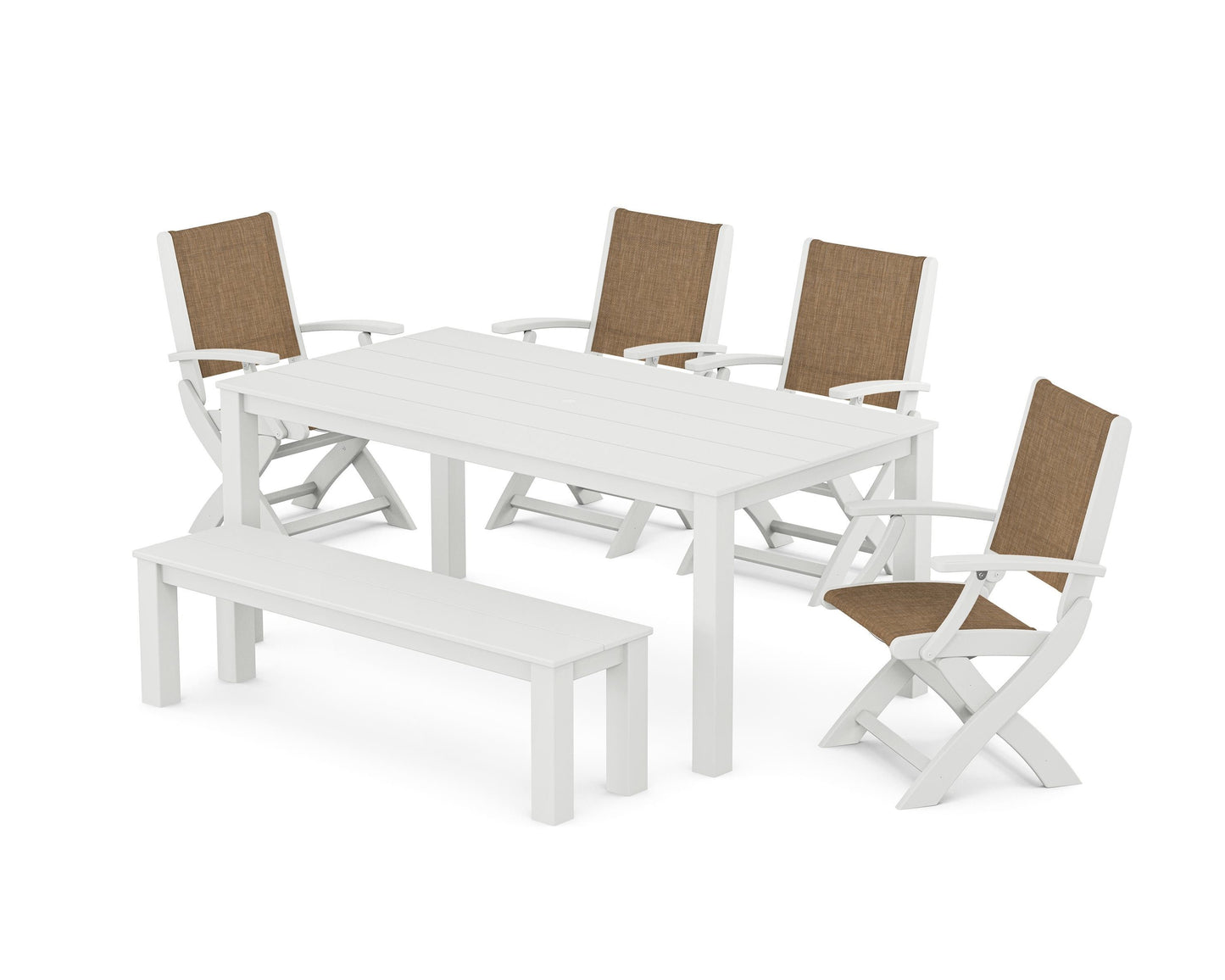 Coastal Folding Chair 6-Piece Parsons Dining Set with Bench