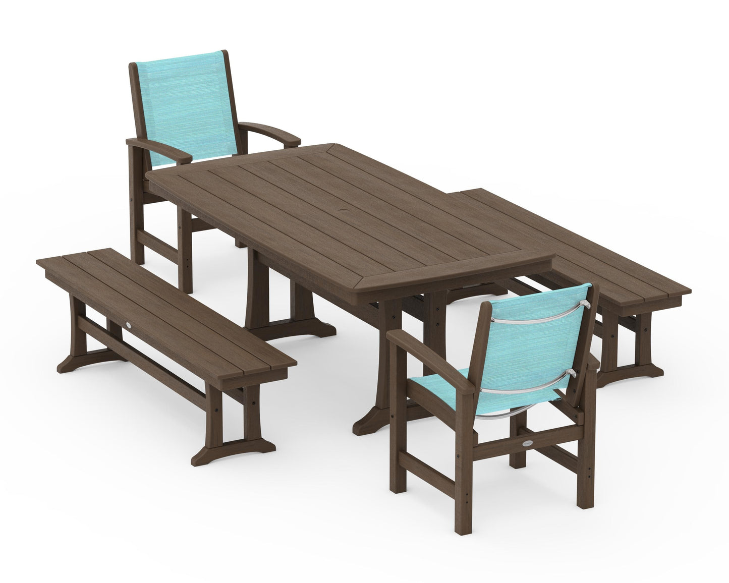 Coastal 5-Piece Dining Set with Trestle Legs and Benches
