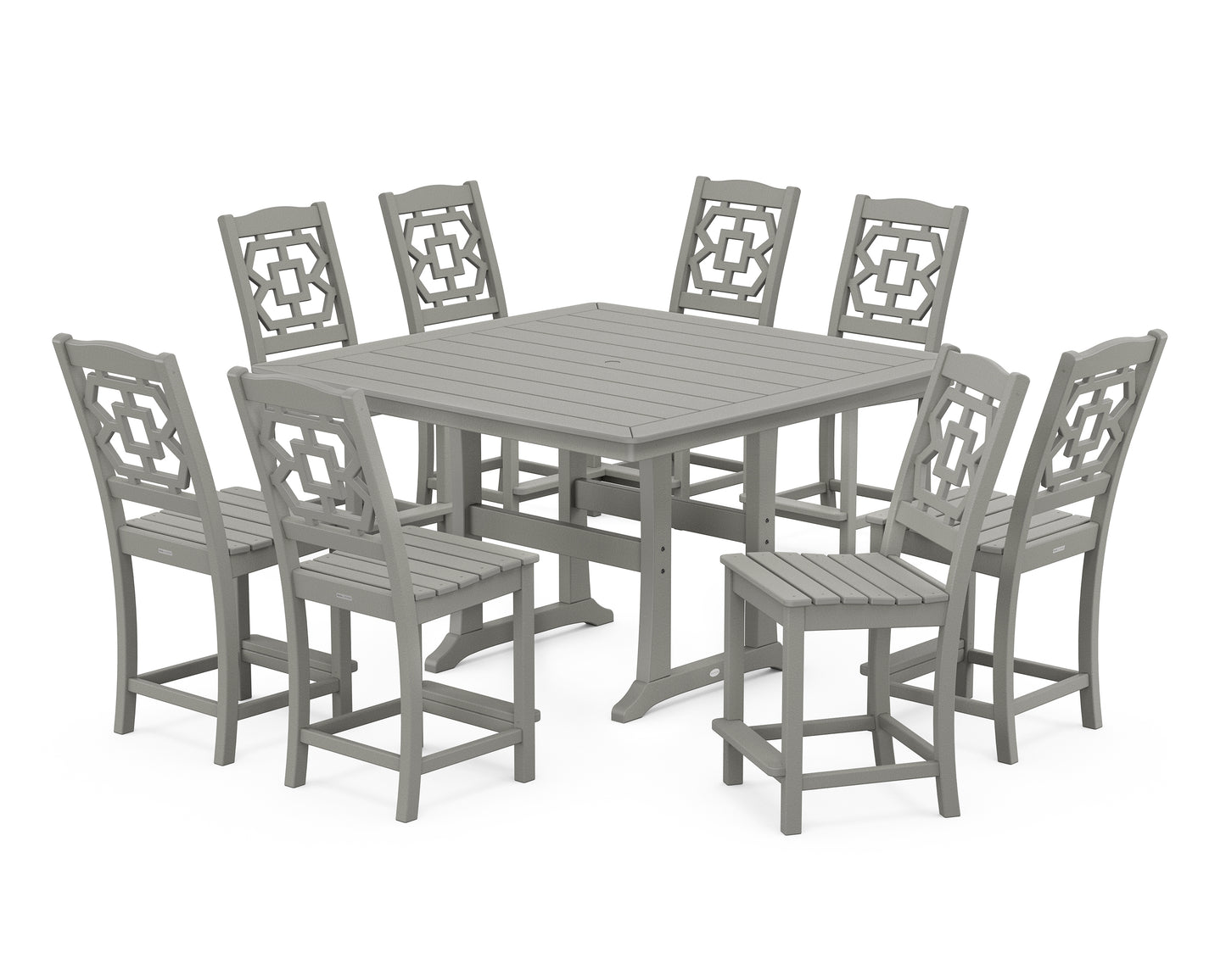 Chinoiserie 9-Piece Square Side Chair Counter Set with Trestle Legs