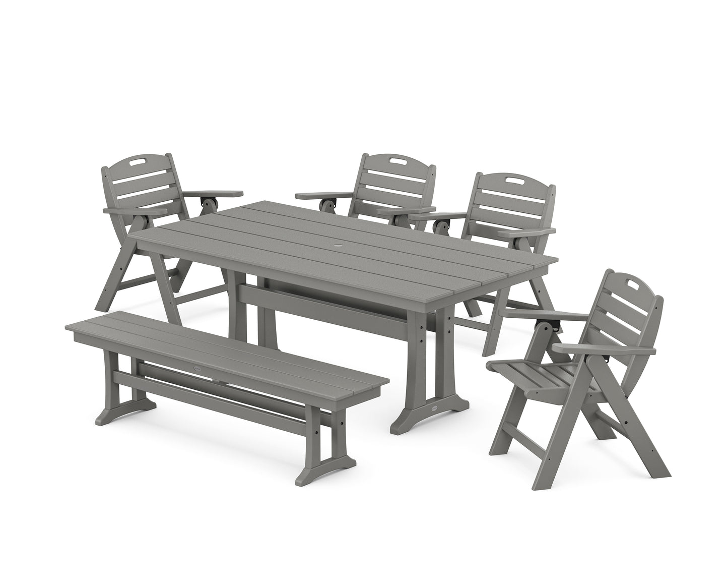 Nautical Lowback 6-Piece Farmhouse Dining Set with Trestle Legs and Bench