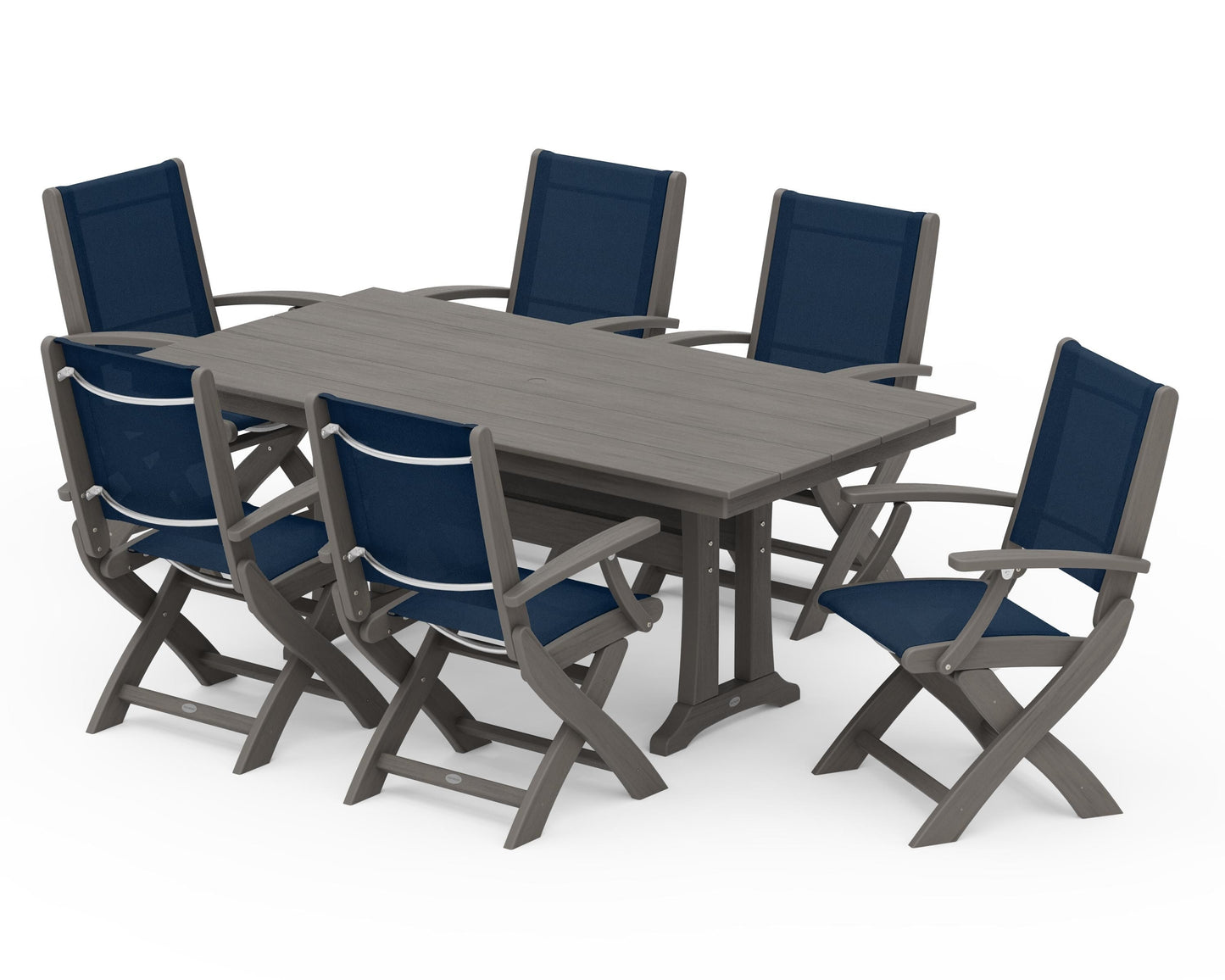 Coastal Folding Arm Chair 7-Piece Farmhouse Dining Set with Trestle Legs