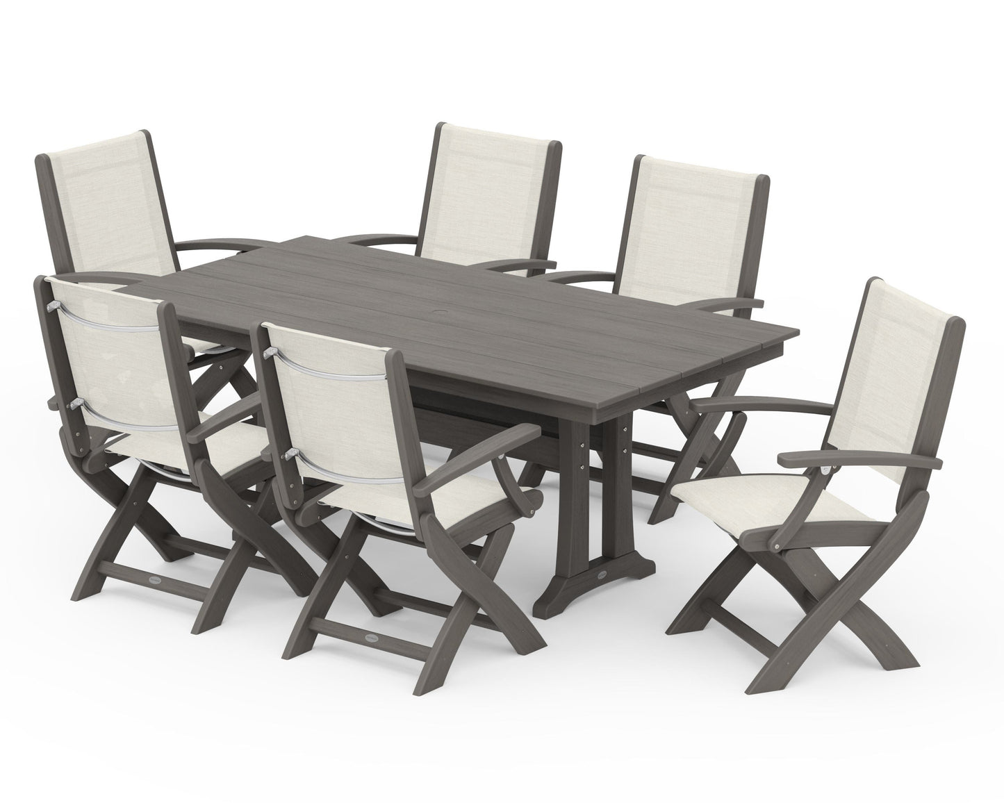 Coastal Folding Arm Chair 7-Piece Farmhouse Dining Set with Trestle Legs