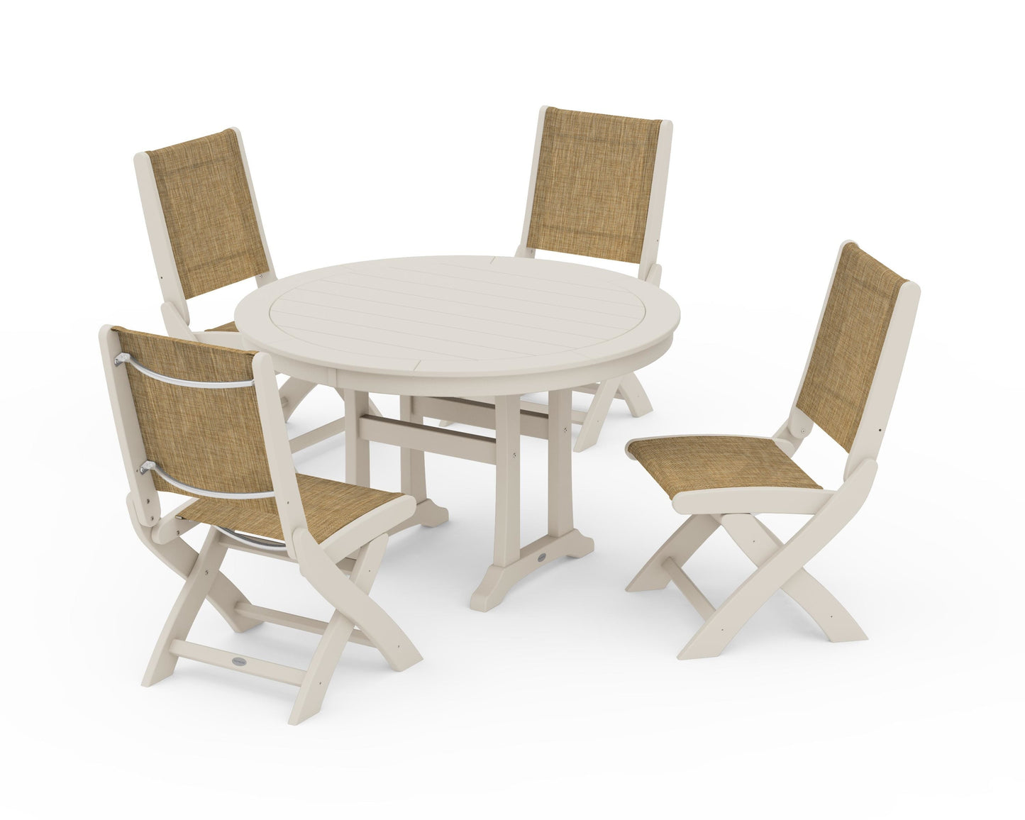 Coastal Folding Side Chair 5-Piece Round Dining Set With Trestle Legs