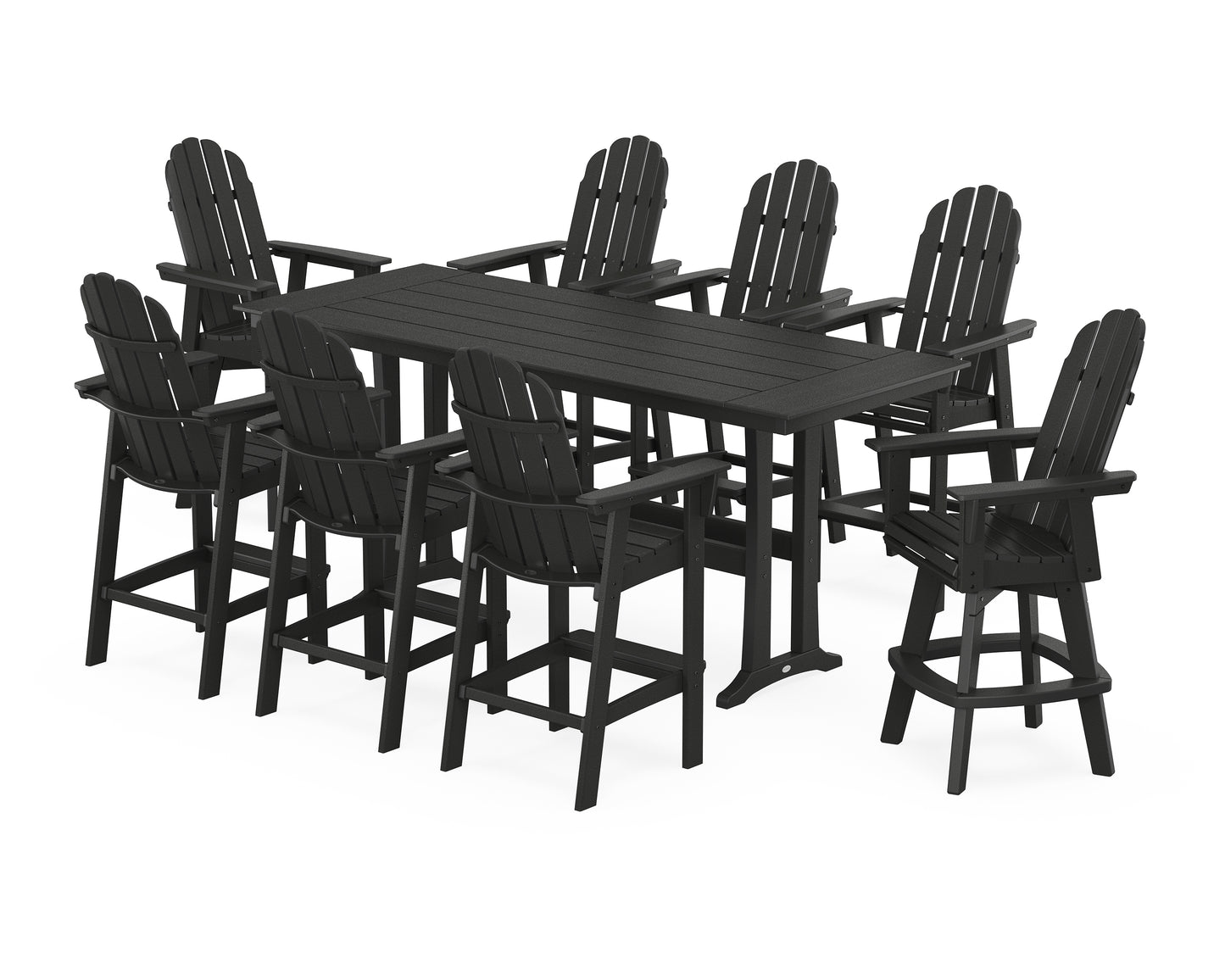 Vineyard Curveback Adirondack Swivel 9-Piece Farmhouse Bar Set with Trestle Legs