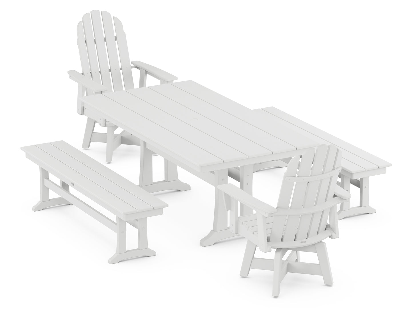 Vineyard Curveback Adirondack Swivel Chair 5-Piece Farmhouse Dining Set With Trestle Legs and Benches