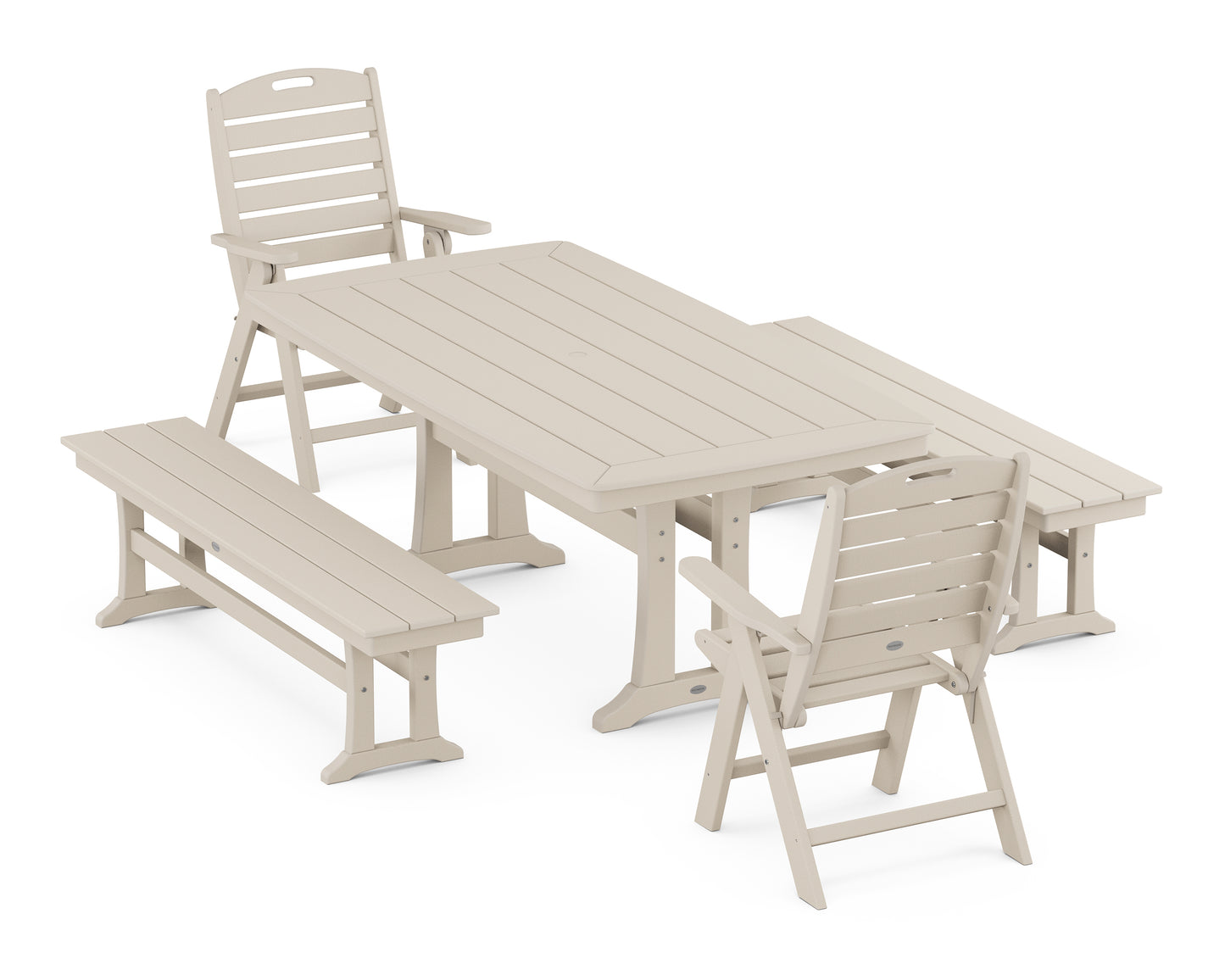 Nautical Folding Highback Chair 5-Piece Dining Set with Trestle Legs and Benches