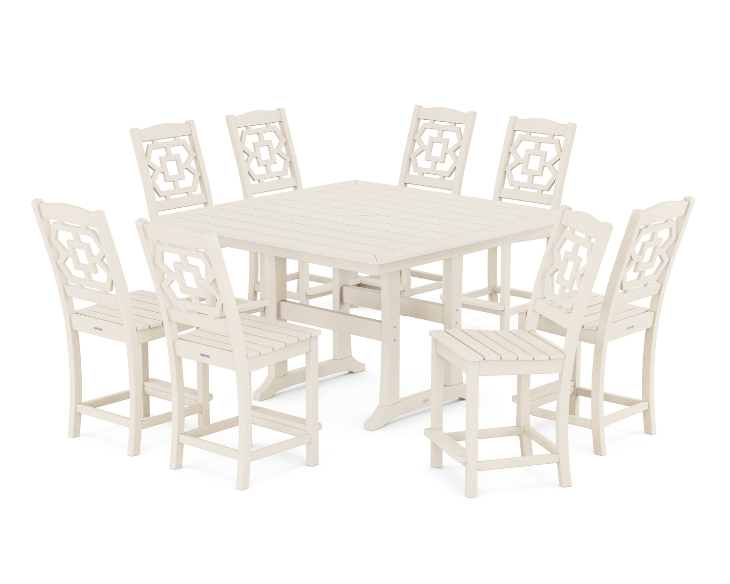 Chinoiserie 9-Piece Square Side Chair Counter Set with Trestle Legs