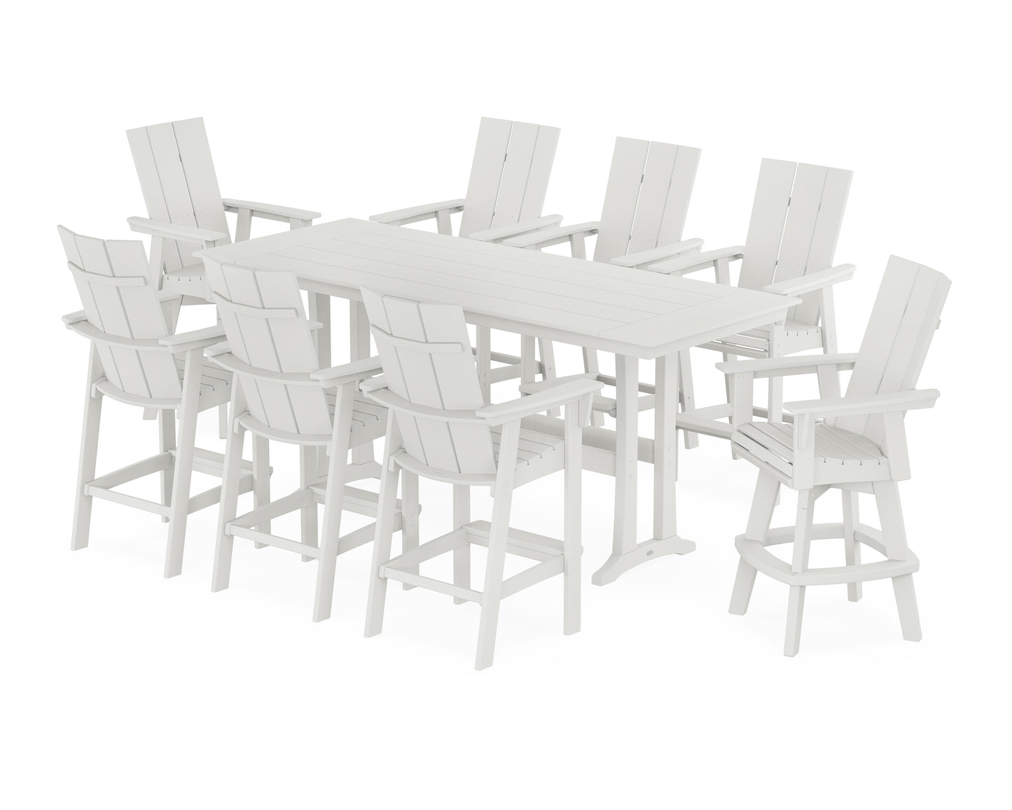 Modern Curveback Adirondack Swivel 9-Piece Farmhouse Bar Set with Trestle Legs
