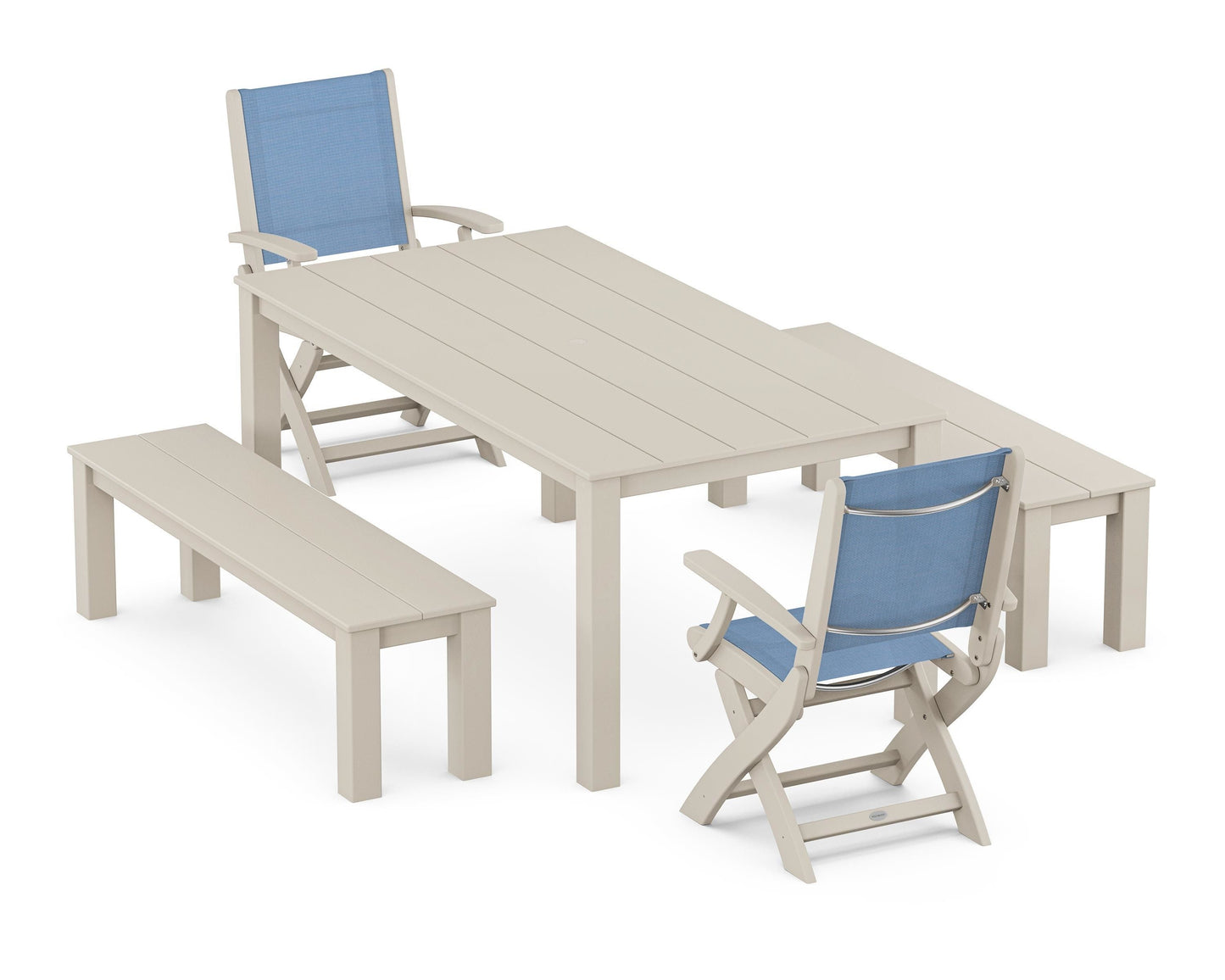 Coastal Folding Chair 5-Piece Parsons Dining Set with Benches
