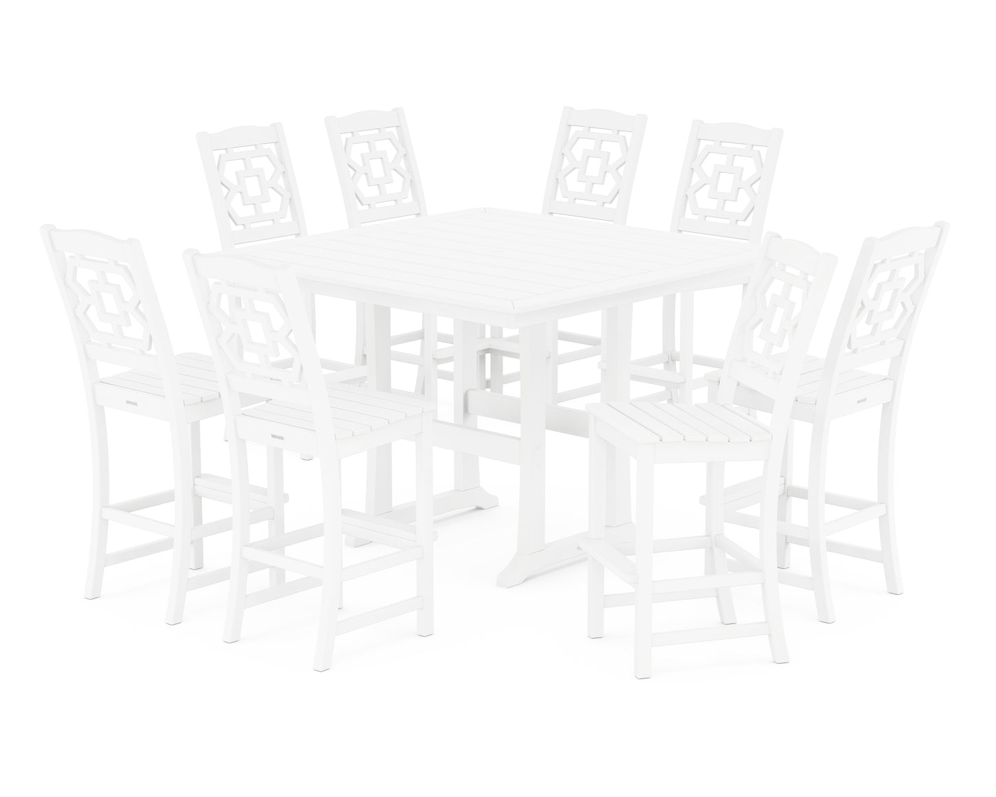 Chinoiserie 9-Piece Square Side Chair Bar Set with Trestle Legs