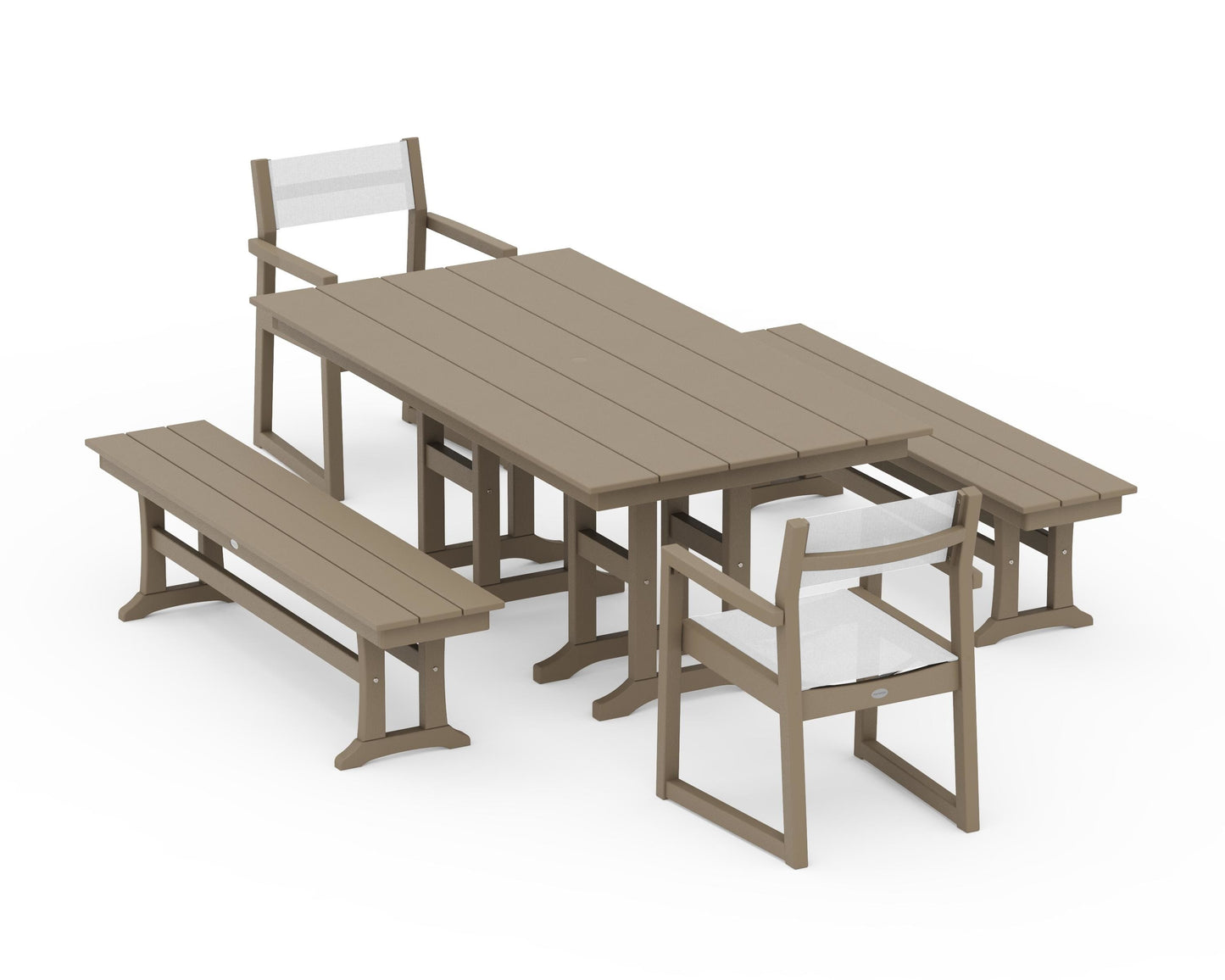 EDGE Sling Arm Chair 5-Piece Farmhouse Dining Set with Benches