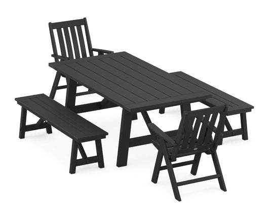Vineyard Folding Chair 5-Piece Rustic Farmhouse Dining Set With Benches