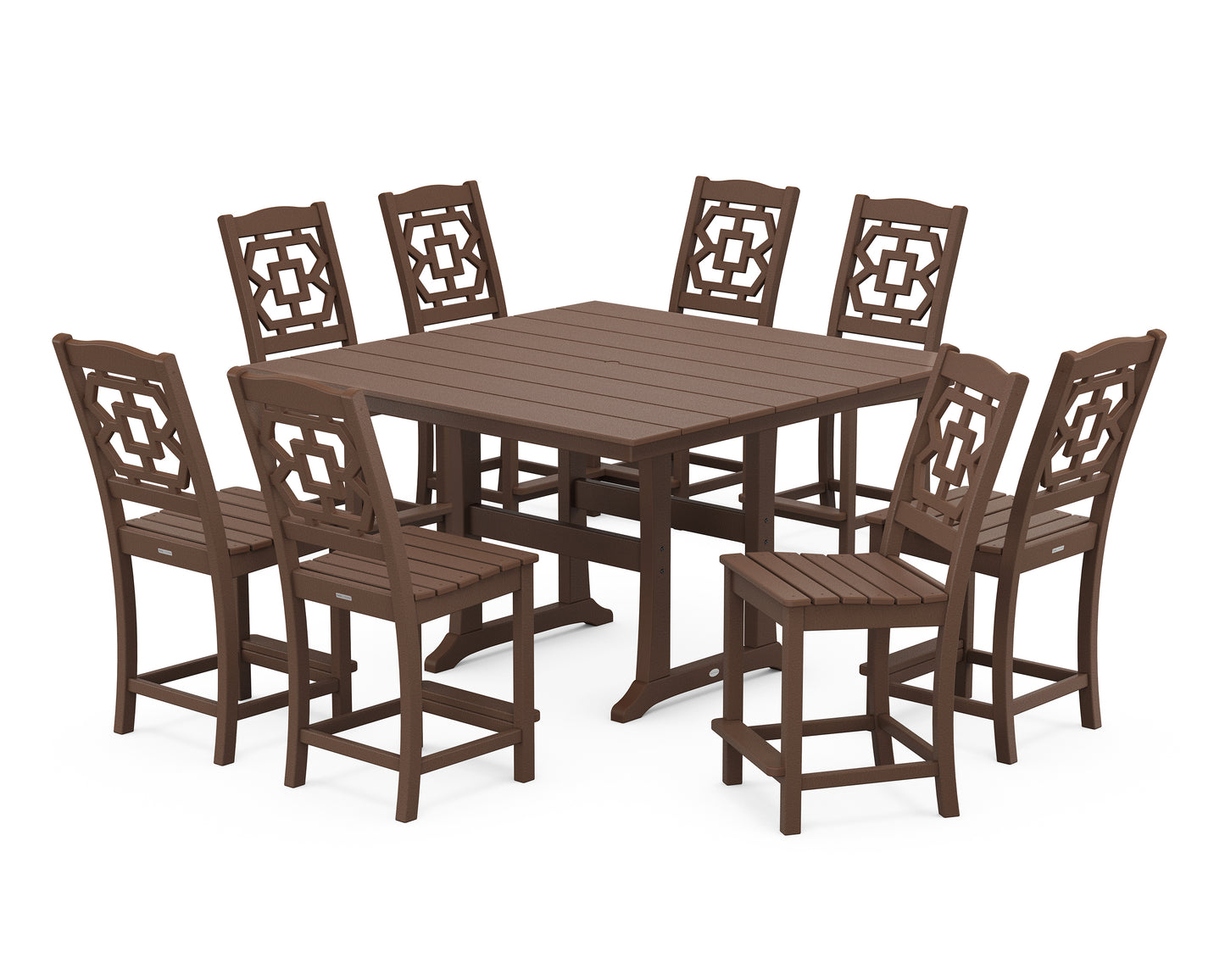 Chinoiserie 9-Piece Square Farmhouse Side Chair Counter Set with Trestle Legs