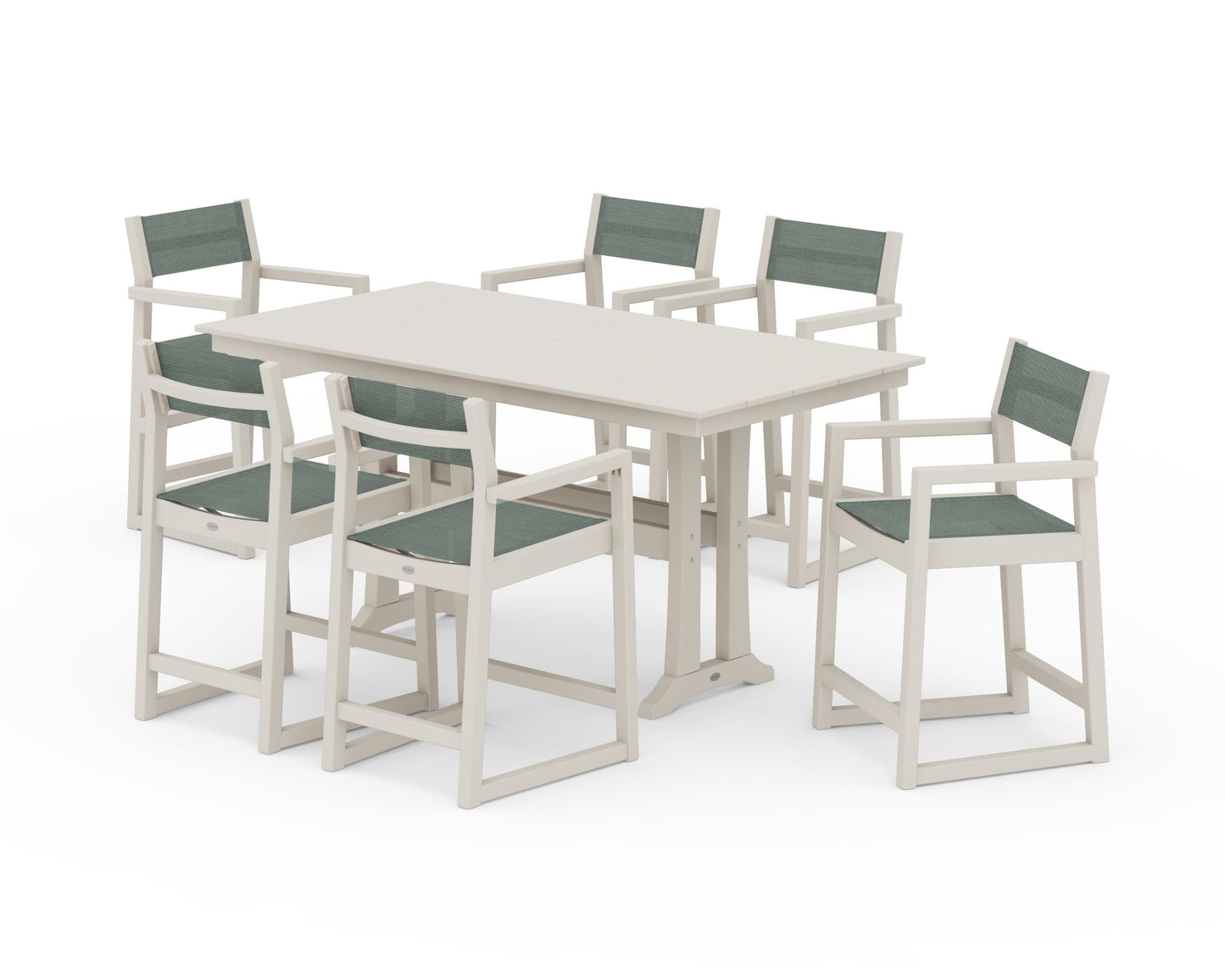 EDGE Sling Arm Chair 7-Piece Farmhouse Counter Set with Trestle Legs