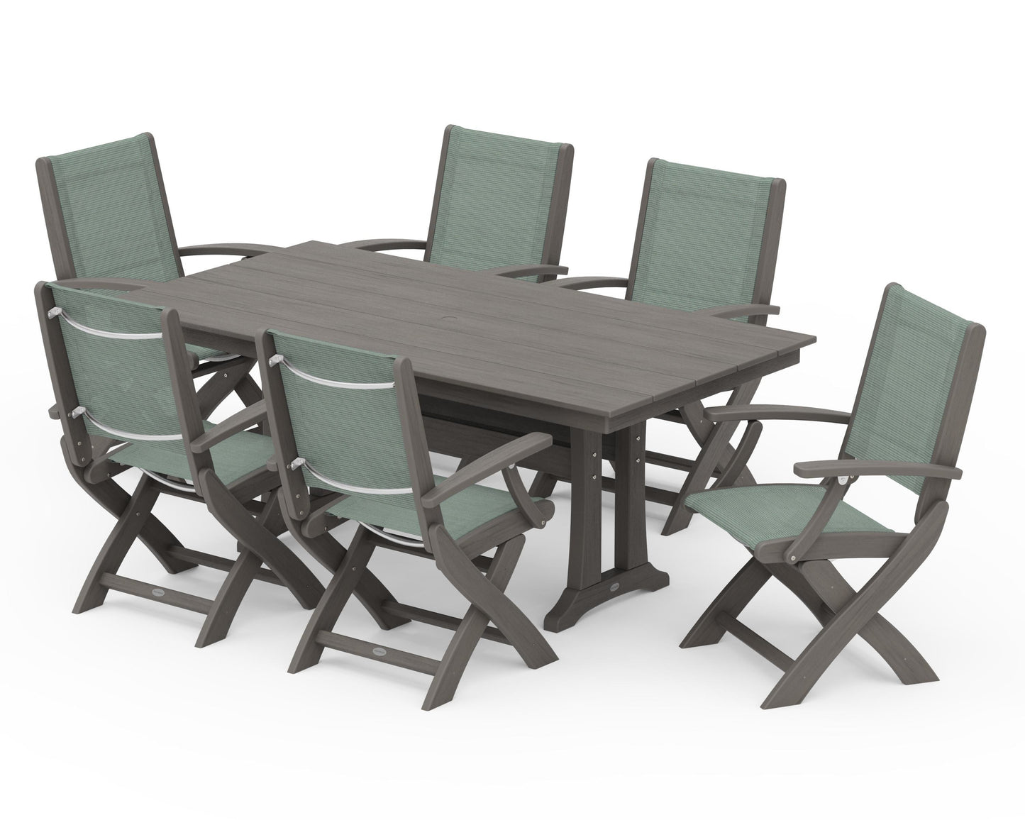 Coastal Folding Arm Chair 7-Piece Farmhouse Dining Set with Trestle Legs