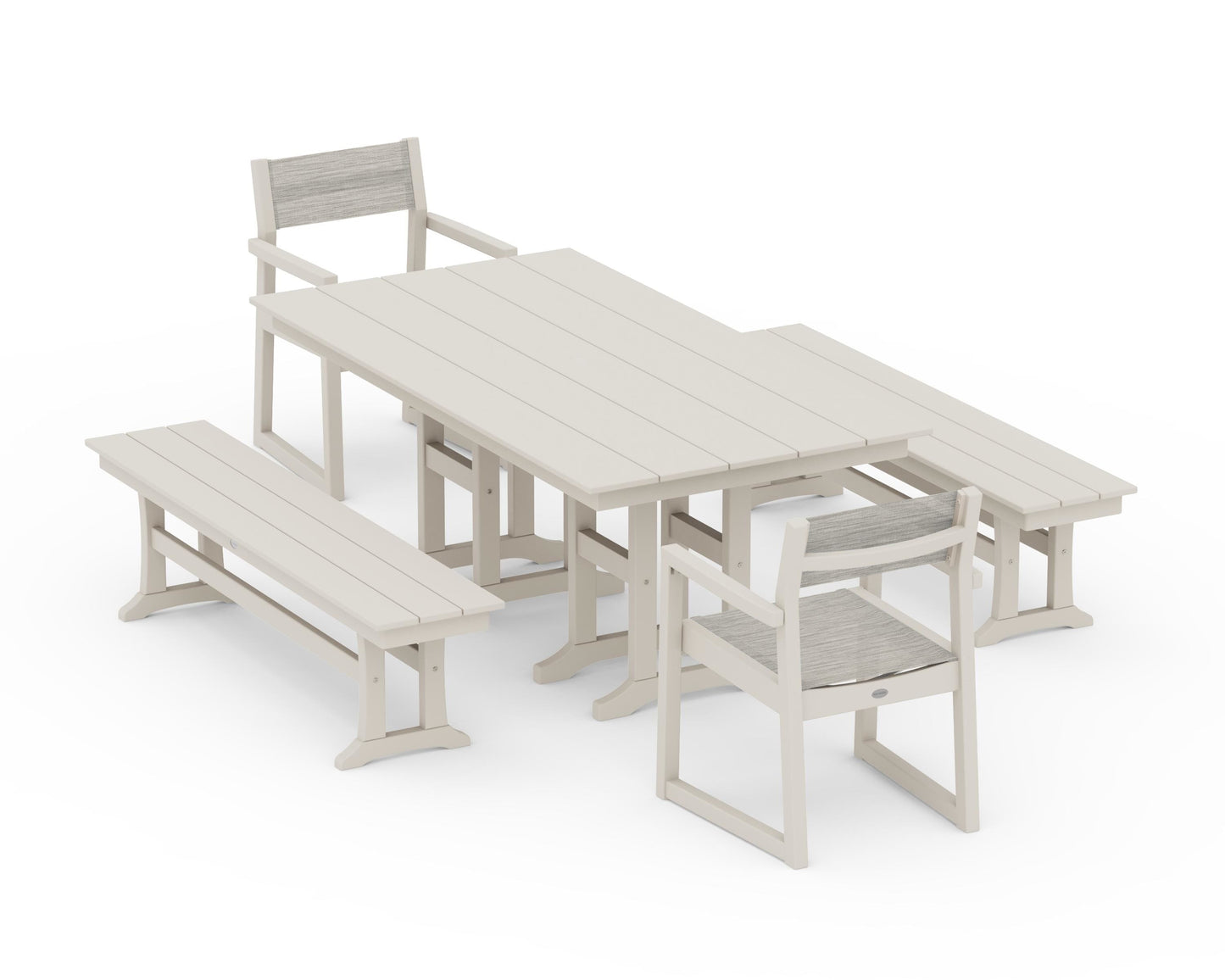 EDGE Sling Arm Chair 5-Piece Farmhouse Dining Set with Benches