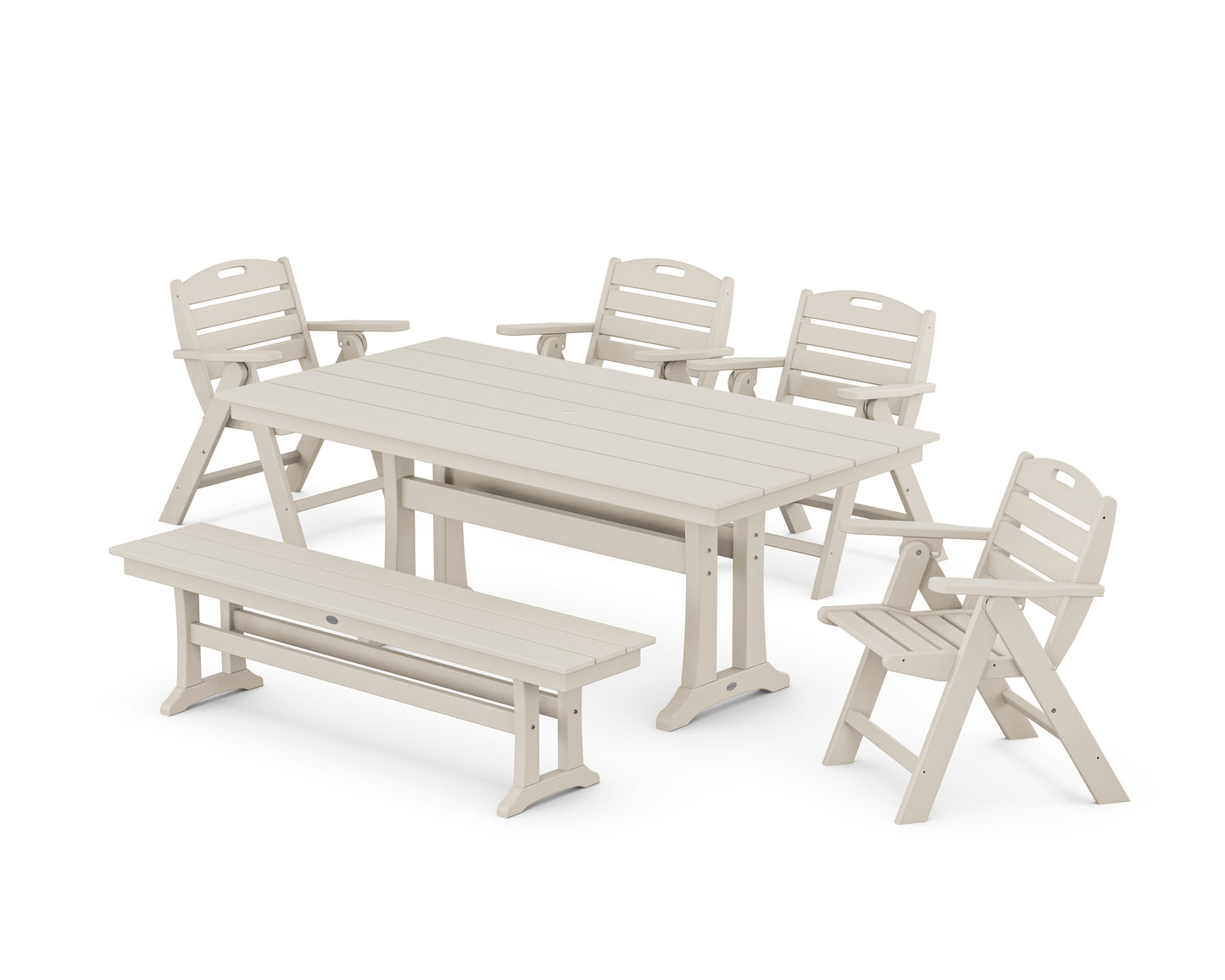 Nautical Lowback 6-Piece Farmhouse Dining Set with Trestle Legs and Bench