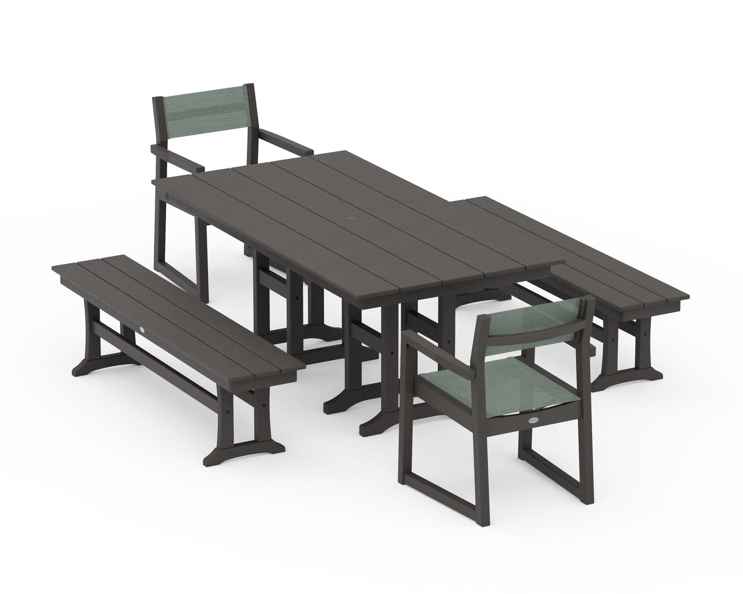 EDGE Sling Arm Chair 5-Piece Farmhouse Dining Set with Benches