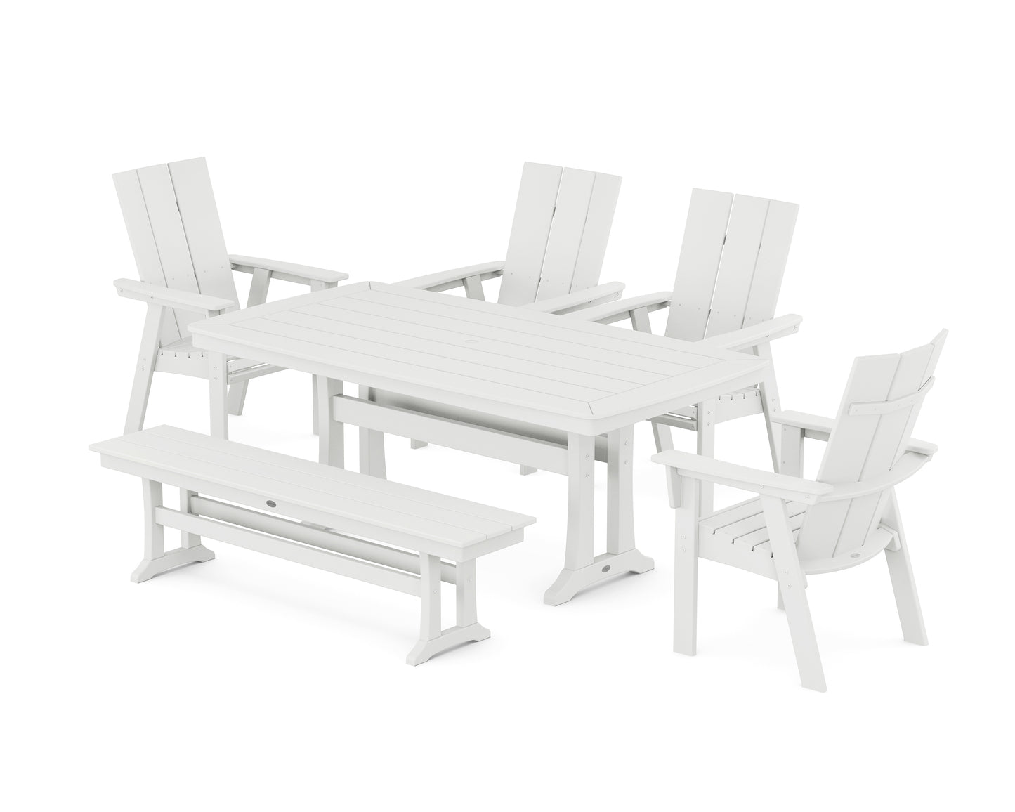 Modern Curveback Adirondack 6-Piece Farmhouse Dining Set with Trestle Legs and Bench