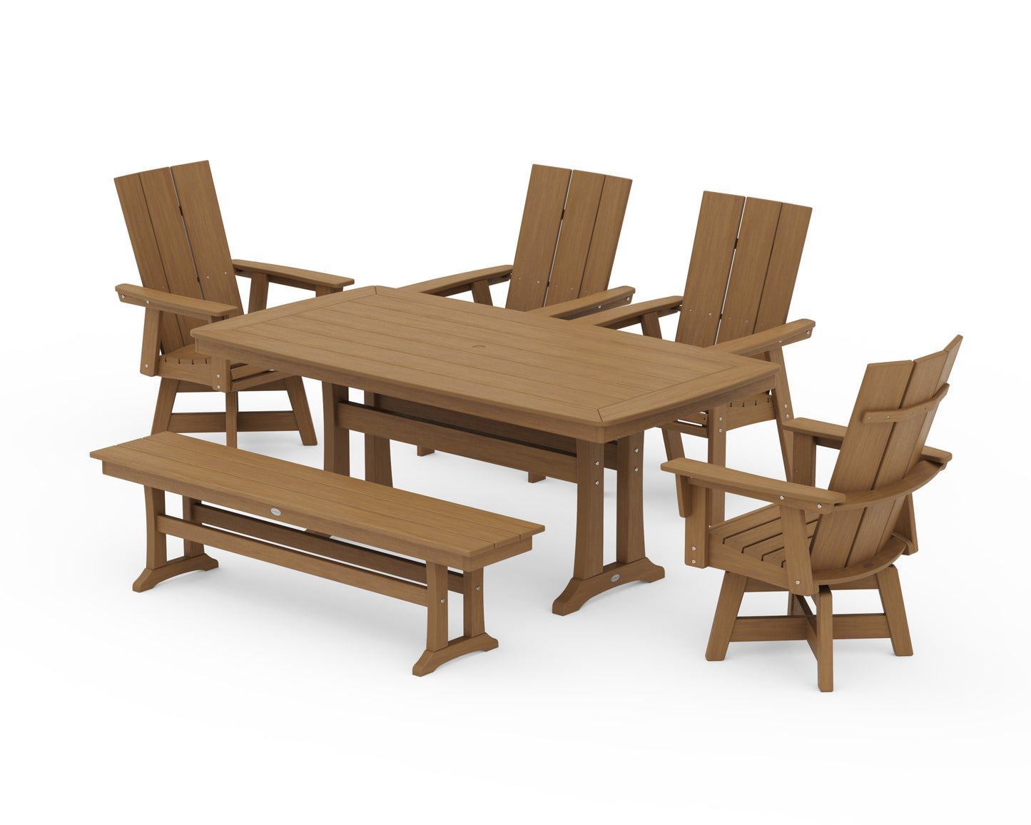Modern Curveback Adirondack Swivel Chair 6-Piece Dining Set with Trestle Legs and Bench