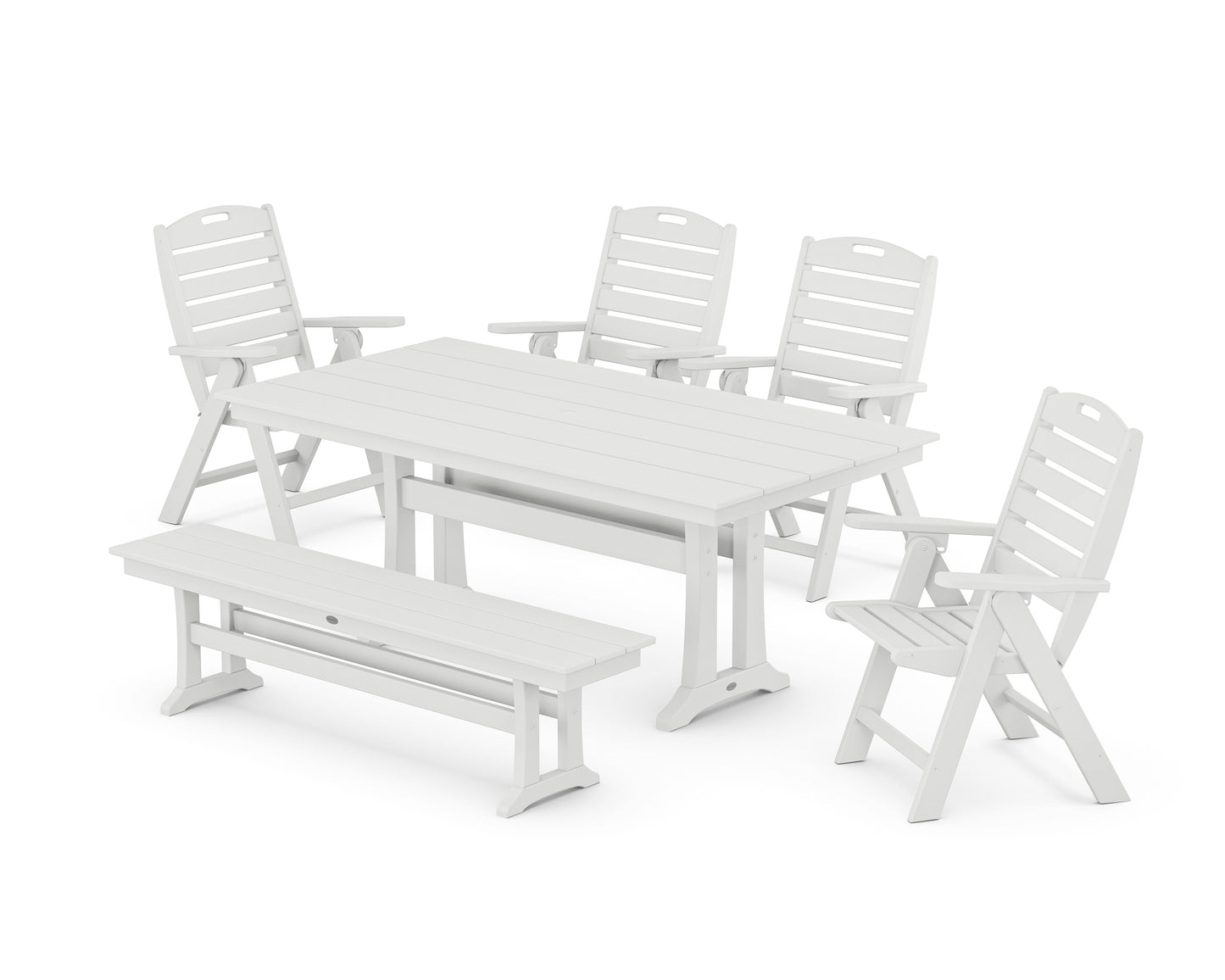 Nautical Highback 6-Piece Farmhouse Dining Set with Trestle Legs and Bench
