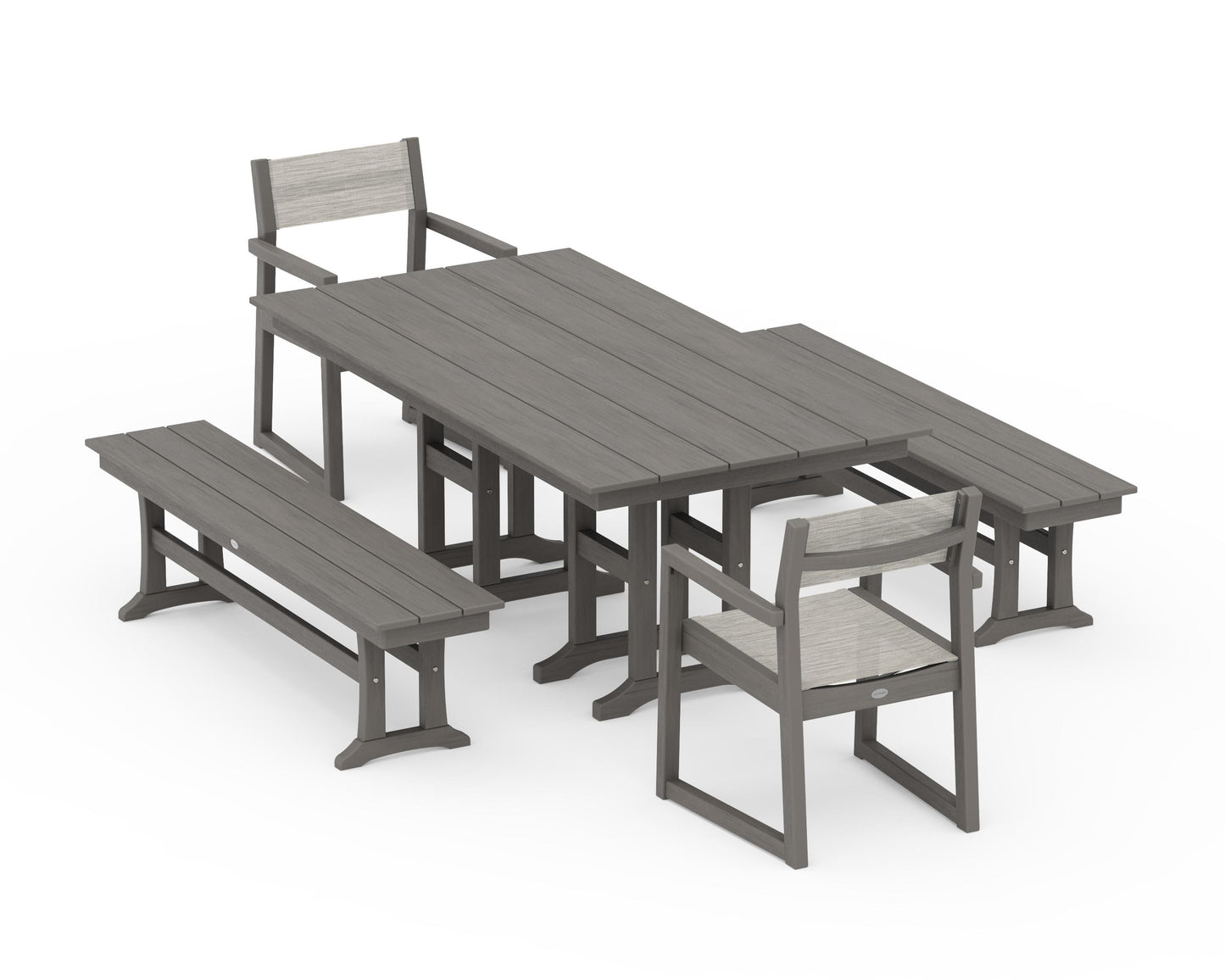 EDGE Sling Arm Chair 5-Piece Farmhouse Dining Set with Benches