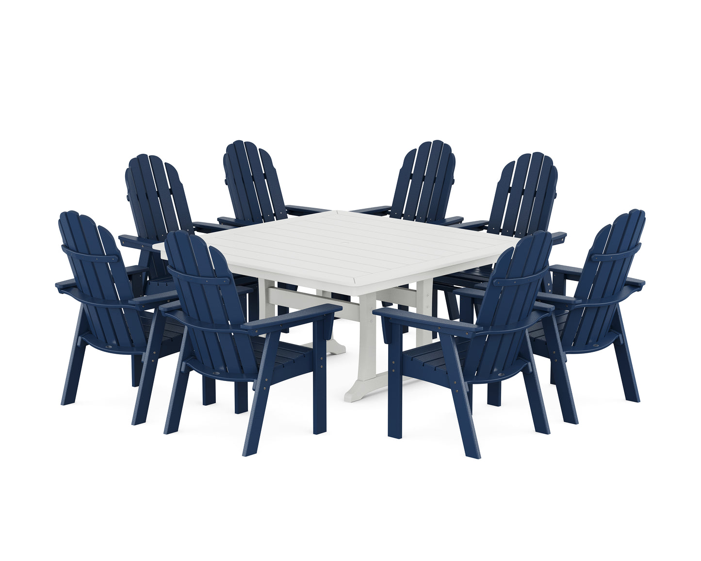 Vineyard Curveback Adirondack 9-Piece Nautical Trestle Dining Set