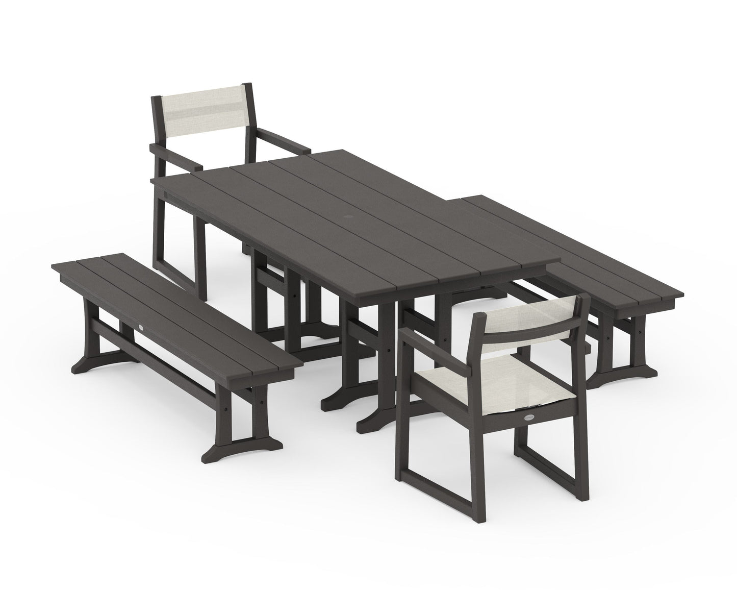 EDGE Sling Arm Chair 5-Piece Farmhouse Dining Set with Benches