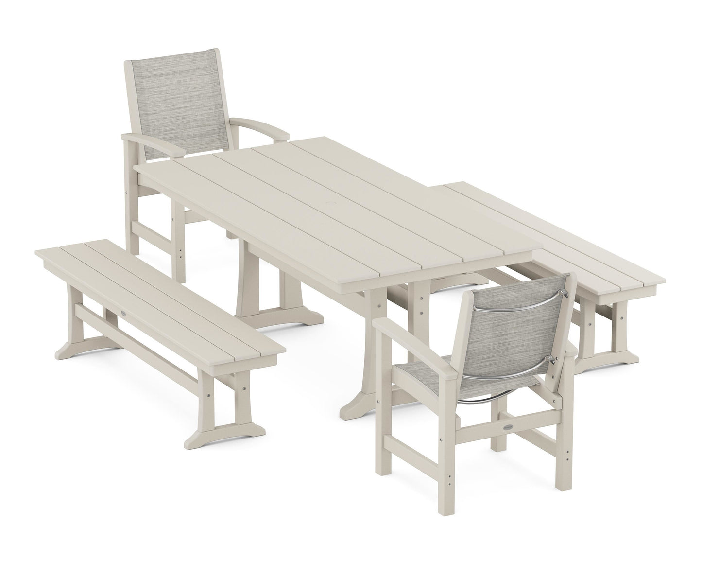 Coastal 5-Piece Farmhouse Dining Set with Trestle Legs and Benches