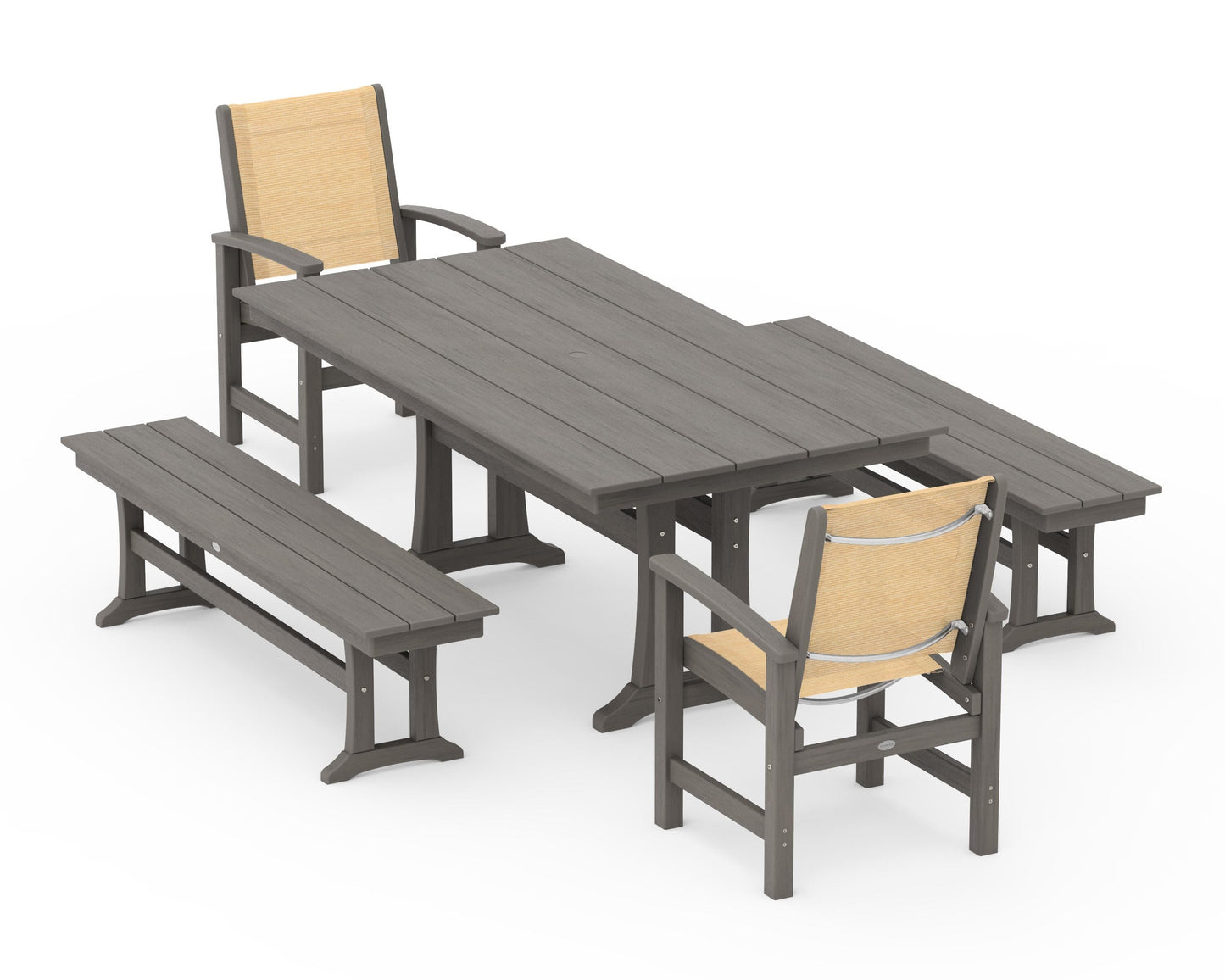 Coastal 5-Piece Farmhouse Dining Set with Trestle Legs and Benches