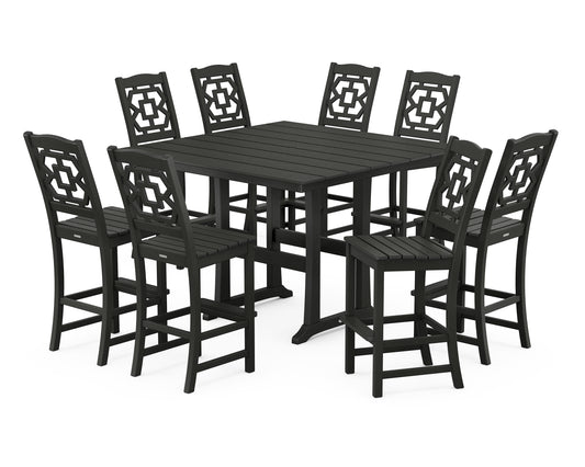 Chinoiserie 9-Piece Square Farmhouse Side Chair Bar Set with Trestle Legs