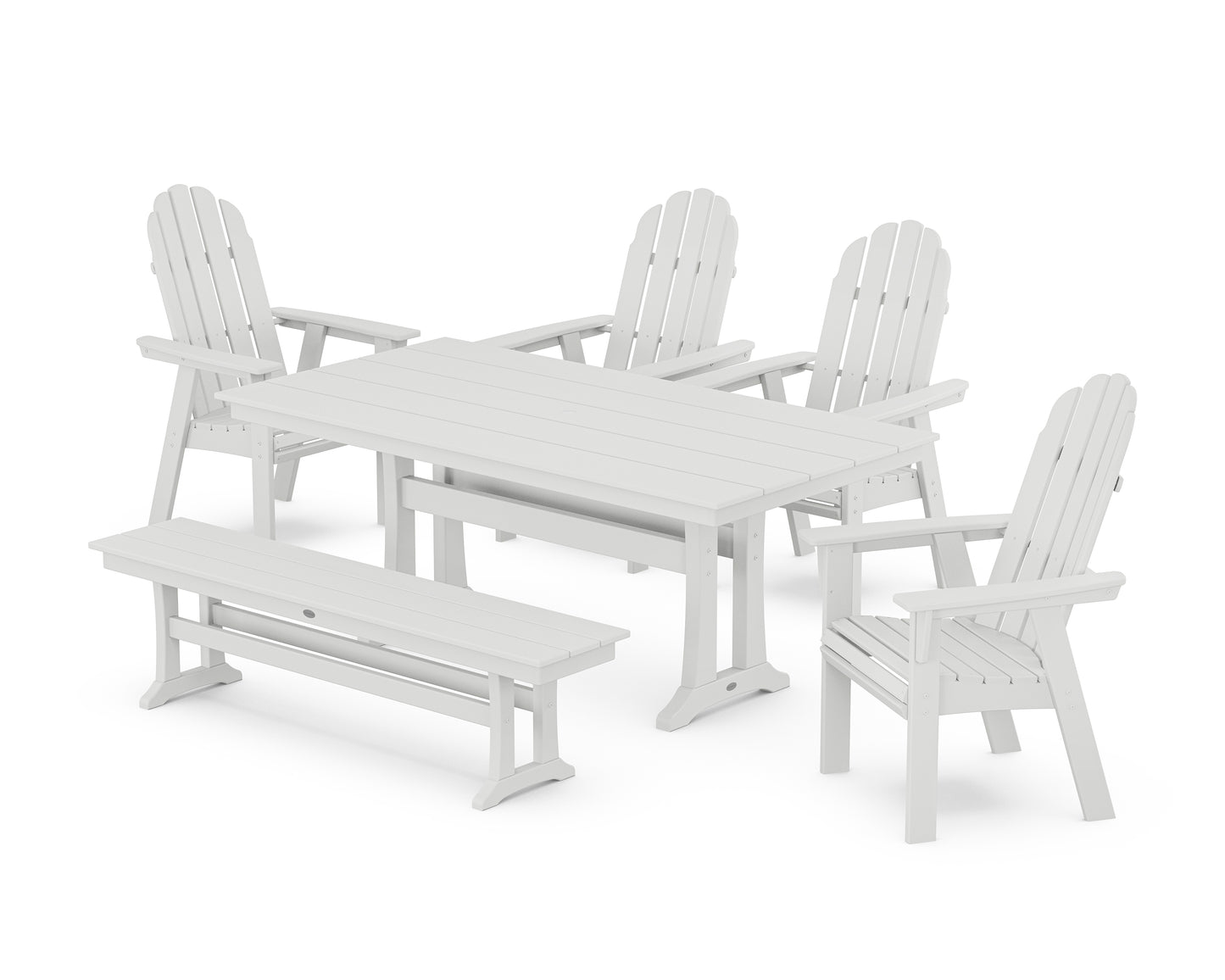 Vineyard Curveback Adirondack Chair 6-Piece Farmhouse Dining Set with Trestle Legs and Bench