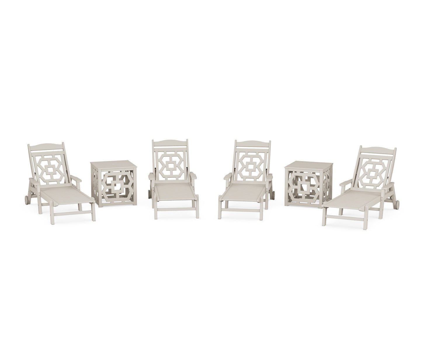 Chinoiserie 6-Piece Chaise Set with Umbrella Stand Accent Table