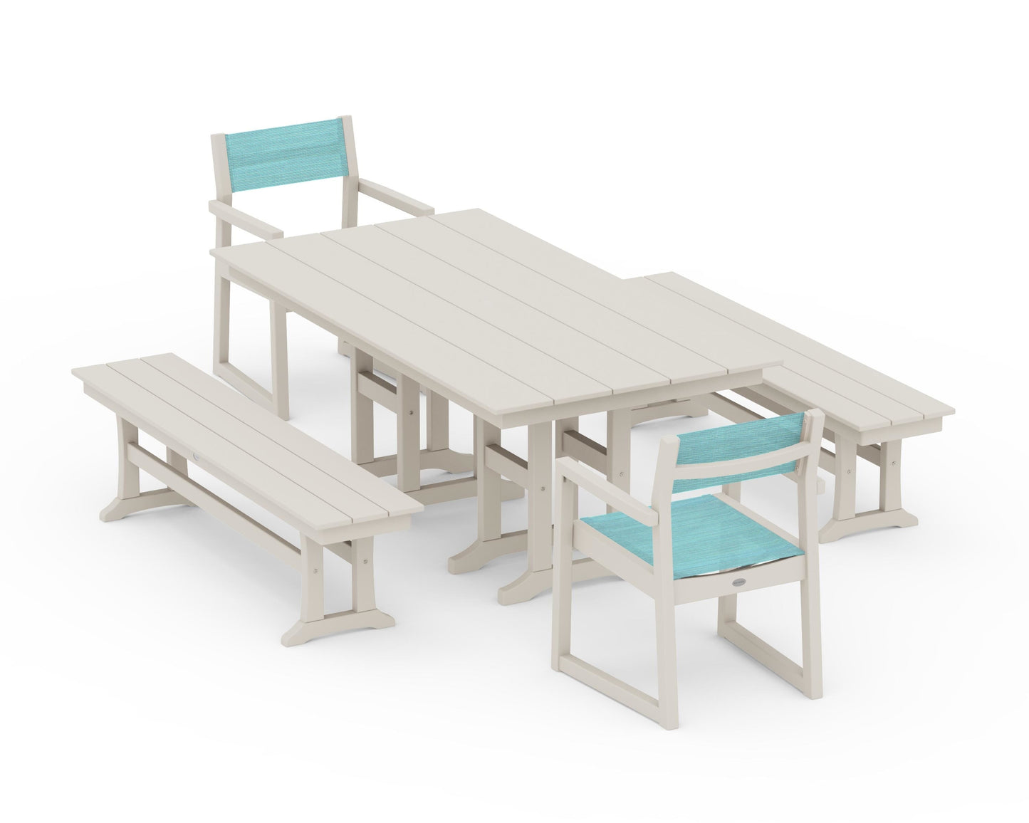 EDGE Sling Arm Chair 5-Piece Farmhouse Dining Set with Benches