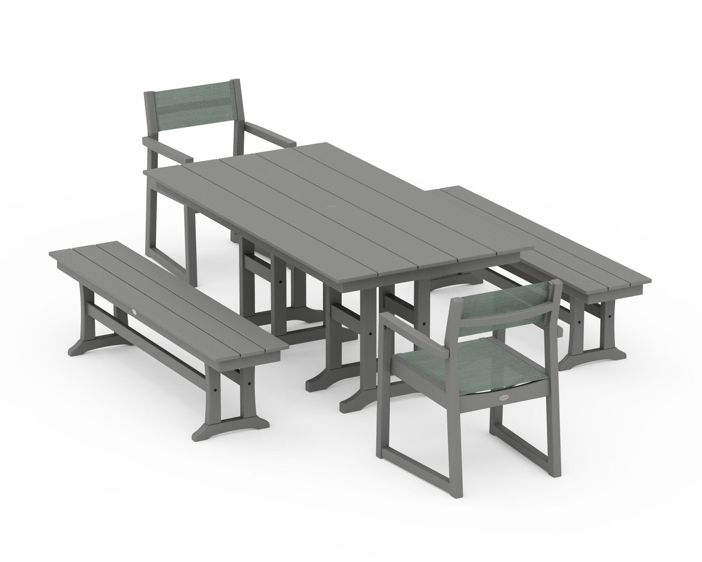 EDGE Sling Arm Chair 5-Piece Farmhouse Dining Set with Benches