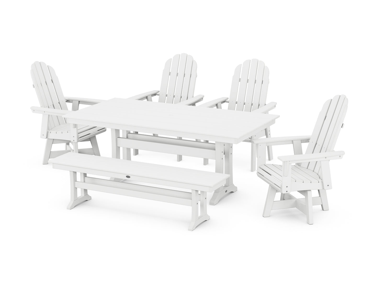 Vineyard Curveback Adirondack 6-Piece Swivel Chair Farmhouse Dining Set with Trestle Legs and Bench