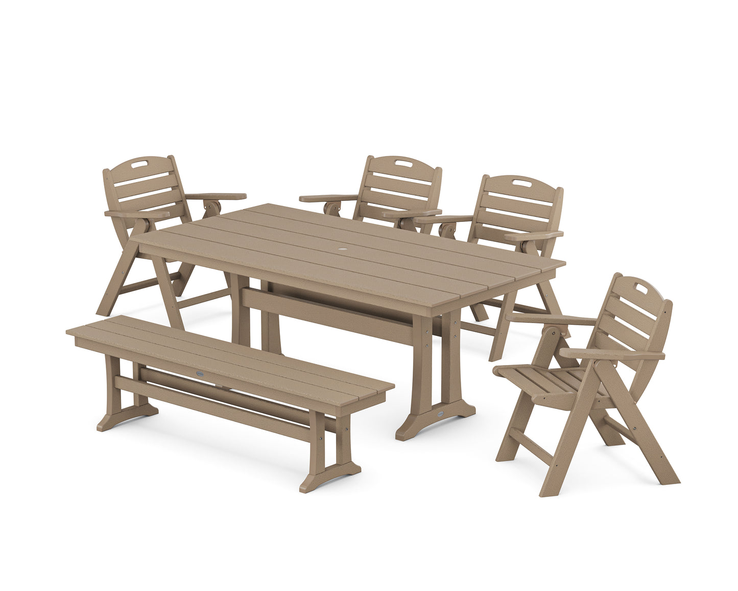 Nautical Lowback 6-Piece Farmhouse Dining Set with Trestle Legs and Bench