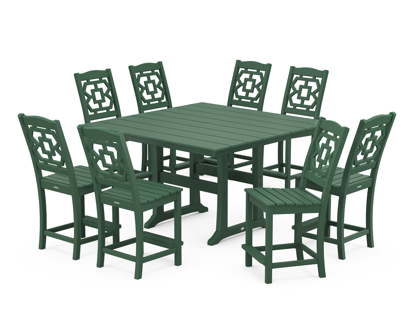 Chinoiserie 9-Piece Square Farmhouse Side Chair Counter Set with Trestle Legs