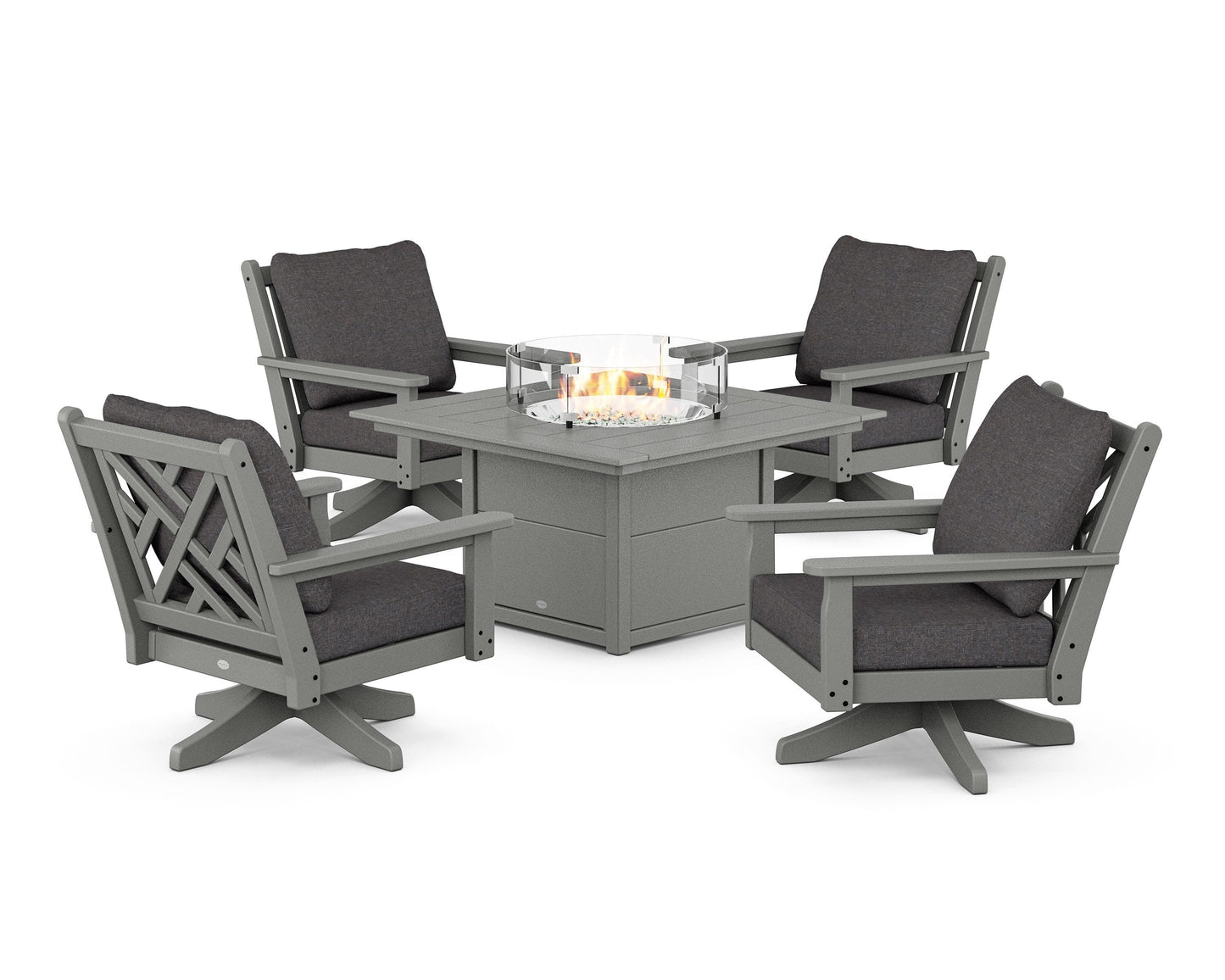 Chippendale 5-Piece Deep Seating Swivel Conversation Set with Fire Pit Table