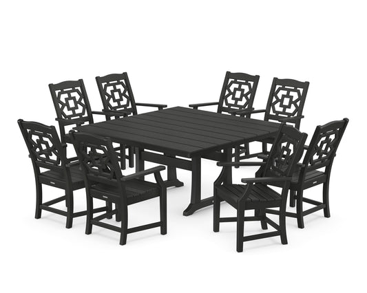 Chinoiserie 9-Piece Square Farmhouse Dining Set with Trestle Legs