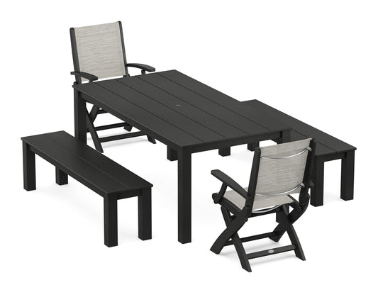 Coastal Folding Chair 5-Piece Parsons Dining Set with Benches