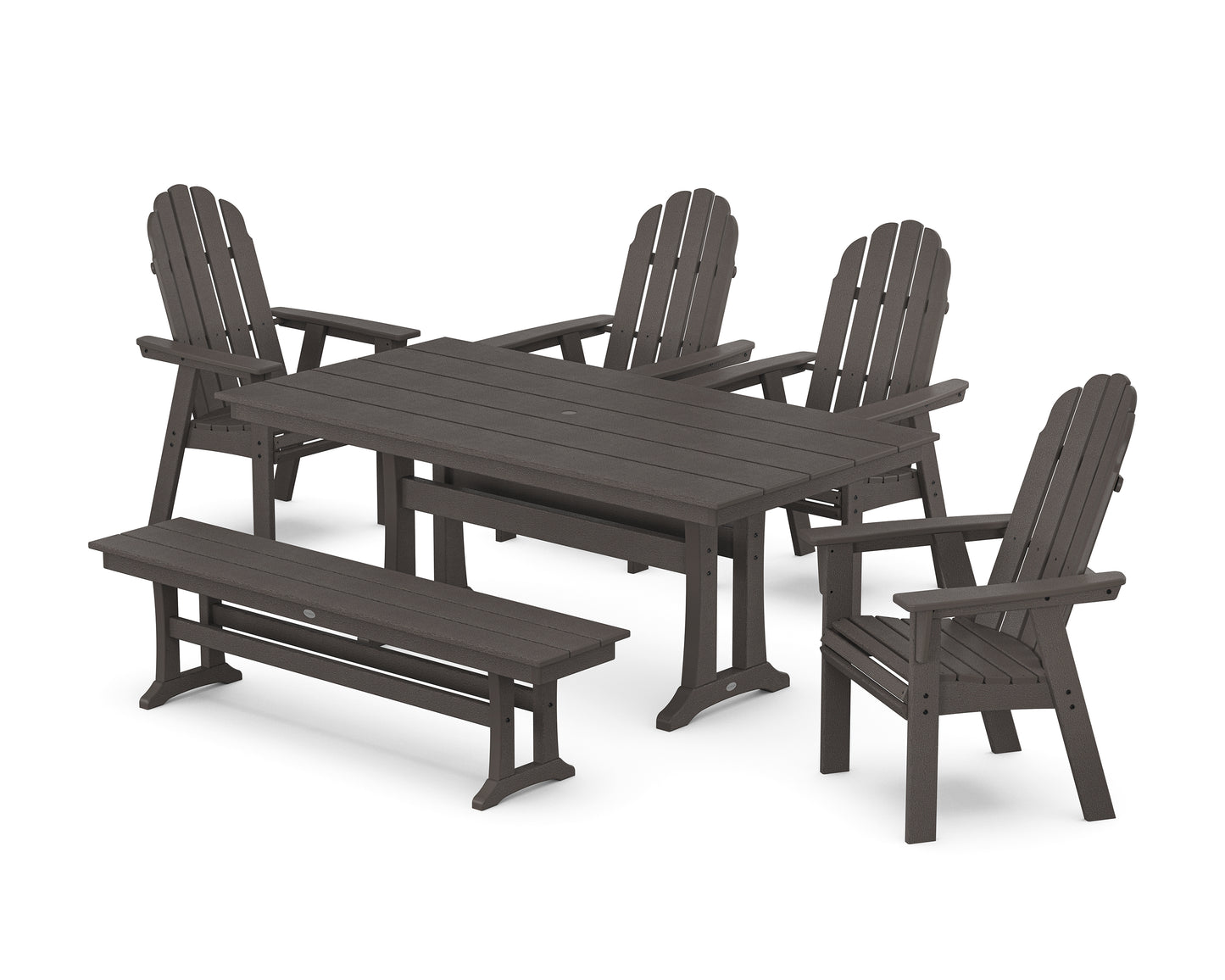 Vineyard Curveback Adirondack Chair 6-Piece Farmhouse Dining Set with Trestle Legs and Bench