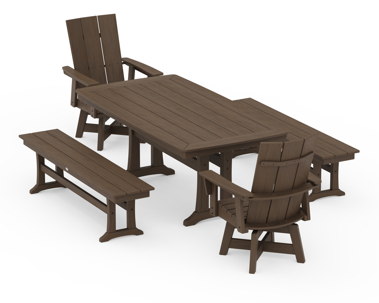 Modern Curveback Adirondack Swivel Chair 5-Piece Dining Set with Trestle Legs and Benches