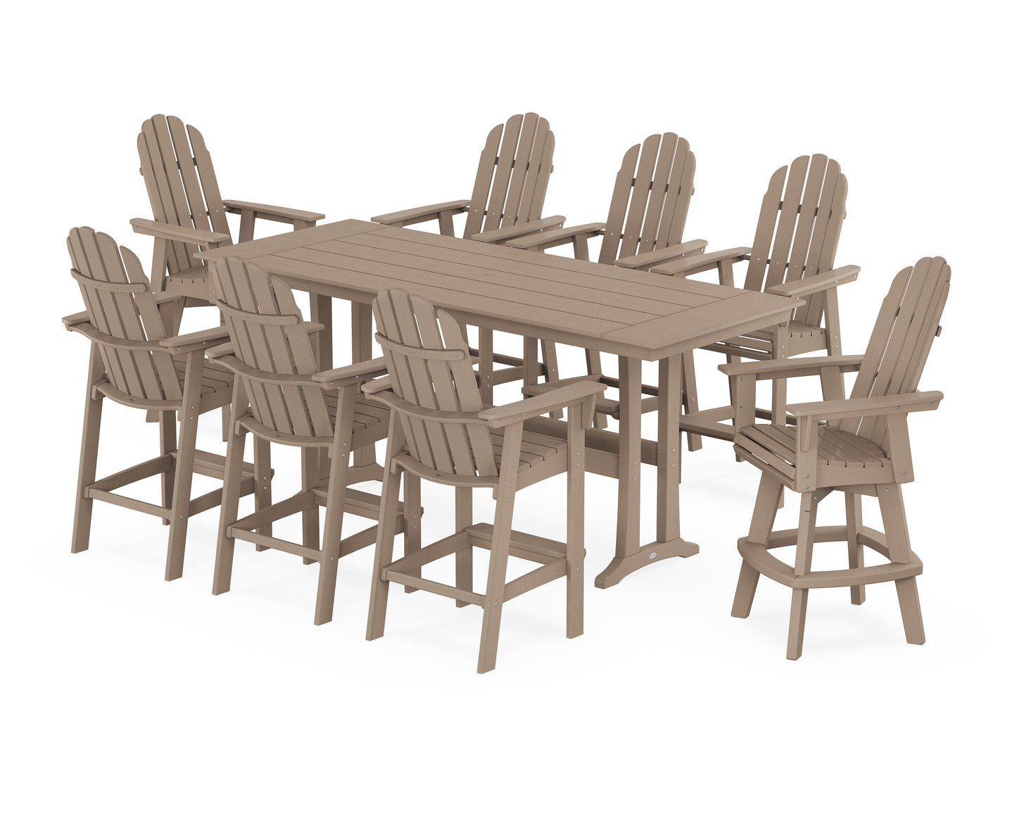 Vineyard Curveback Adirondack Swivel 9-Piece Farmhouse Bar Set with Trestle Legs