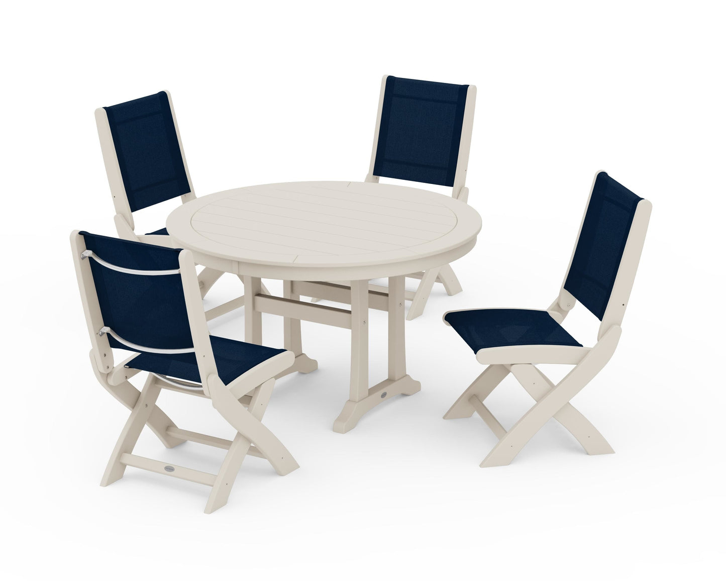 Coastal Folding Side Chair 5-Piece Round Dining Set With Trestle Legs