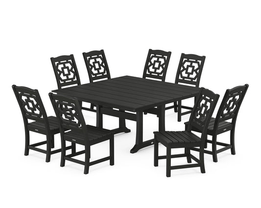 Chinoiserie 9-Piece Square Farmhouse Side Chair Dining Set with Trestle Legs