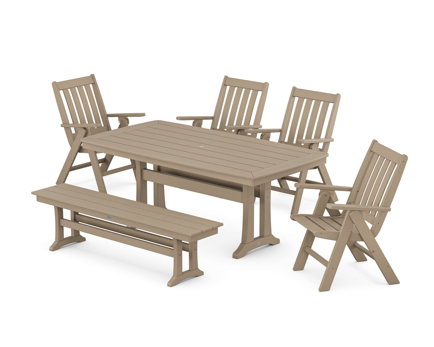 Vineyard Folding Chair 6-Piece Dining Set with Trestle Legs and Bench